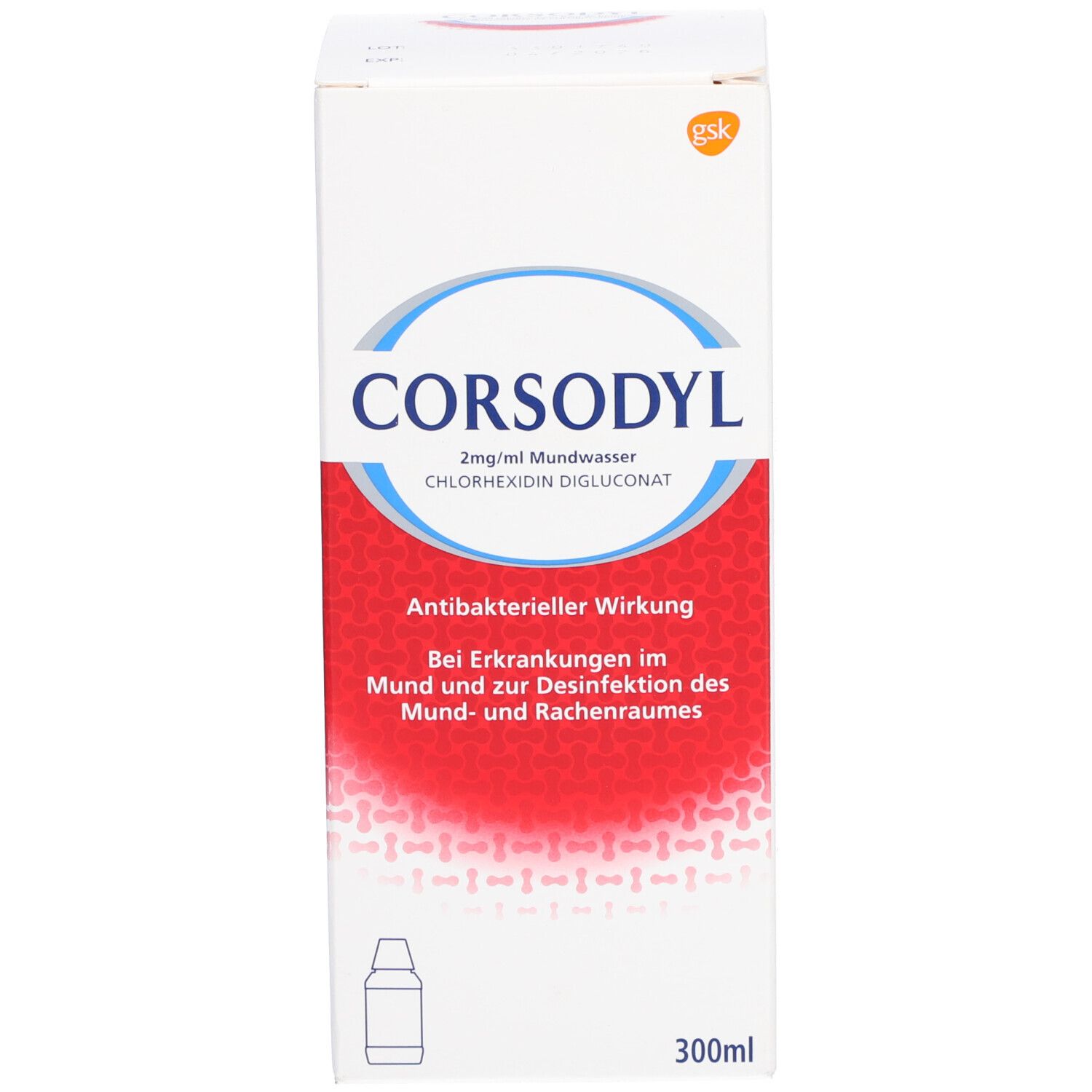 Verpakking van Corsodyl mondspoeling. Opschrift: Corsodyl. Volume: 300ml. Antibacteriële werking. Met afbeelding van een fles.