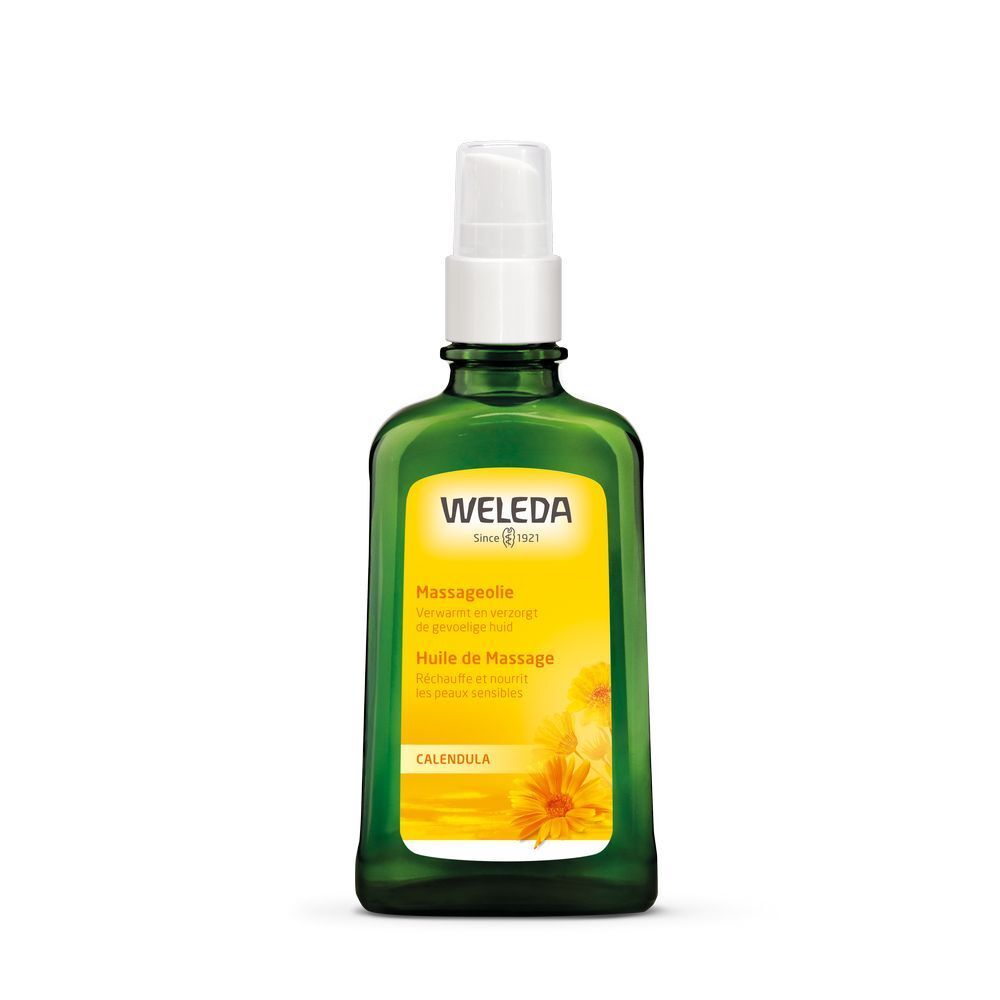 Grüne Glasflasche mit gelbem Etikett. Aufschrift: Weleda, Massageöl, Calendula. Mit Sprühkopf.
