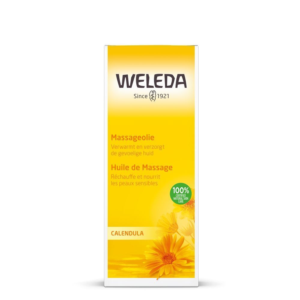 Gelbe Verpackung mit Aufschrift: Weleda, Massageöl, Calendula. Mit grünem Siegel.