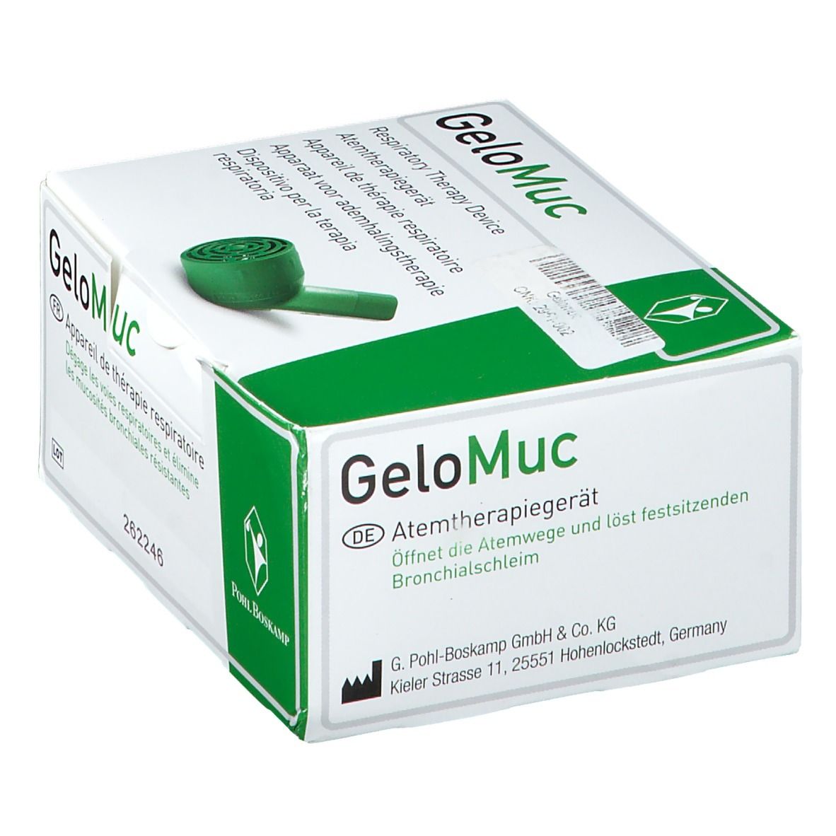 GeloMuc® Inhalationsgerät in Verpackung. Schachtel mit Produktabbildung und Text. Herstellerlogo und CE-Zeichen. Winkelansicht.