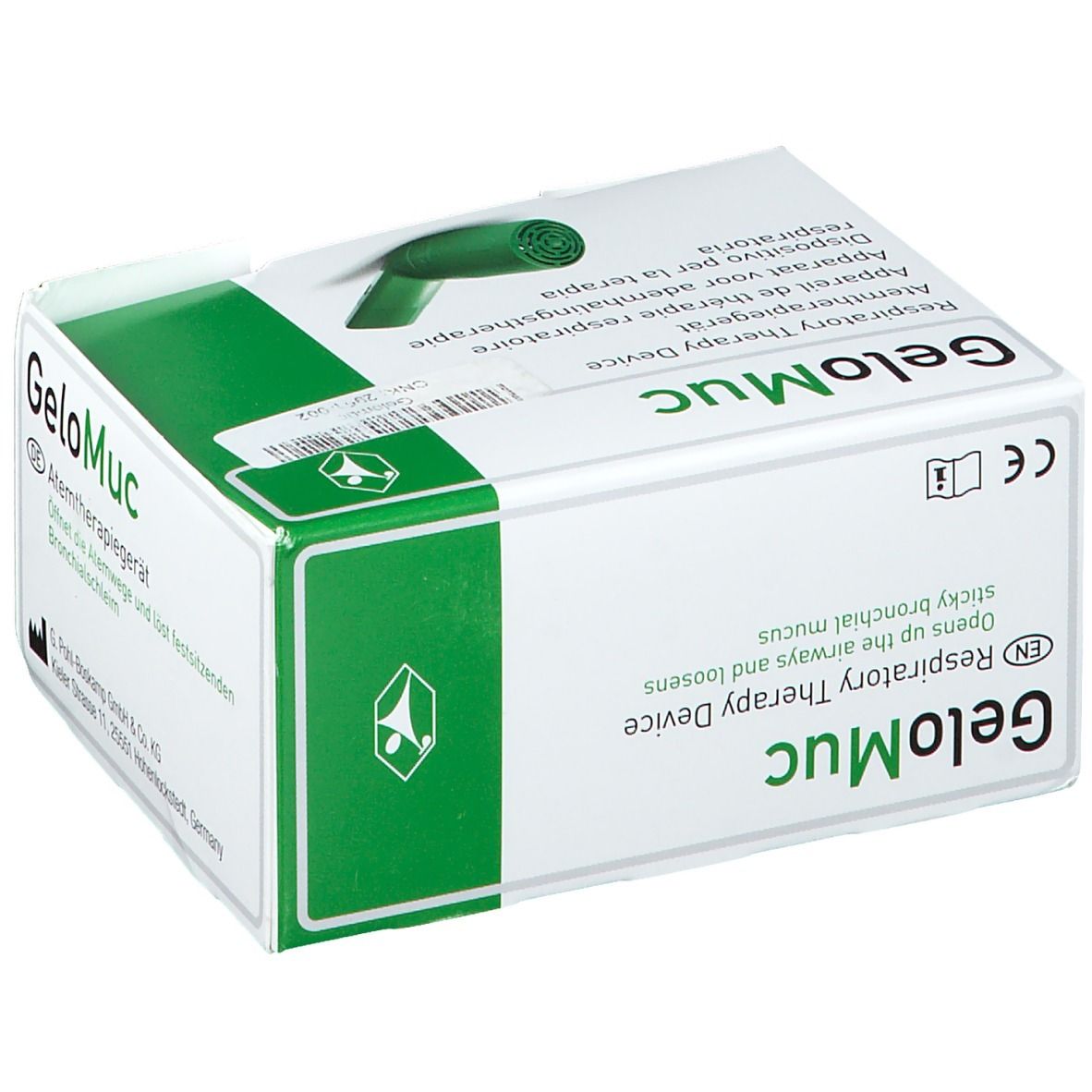 GeloMuc® Inhalationsgerät in Verpackung. Grün-weiße Schachtel mit Produktabbildung und Text. CE-Zeichen. Herstelleradresse.