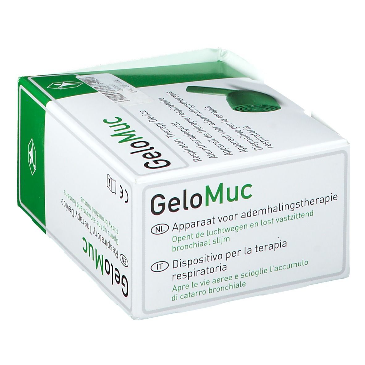 GeloMuc® Inhalationsgerät in Verpackung. Grün-weiße Schachtel mit Produktabbildung und Text. CE-Zeichen. Herstelleradresse.