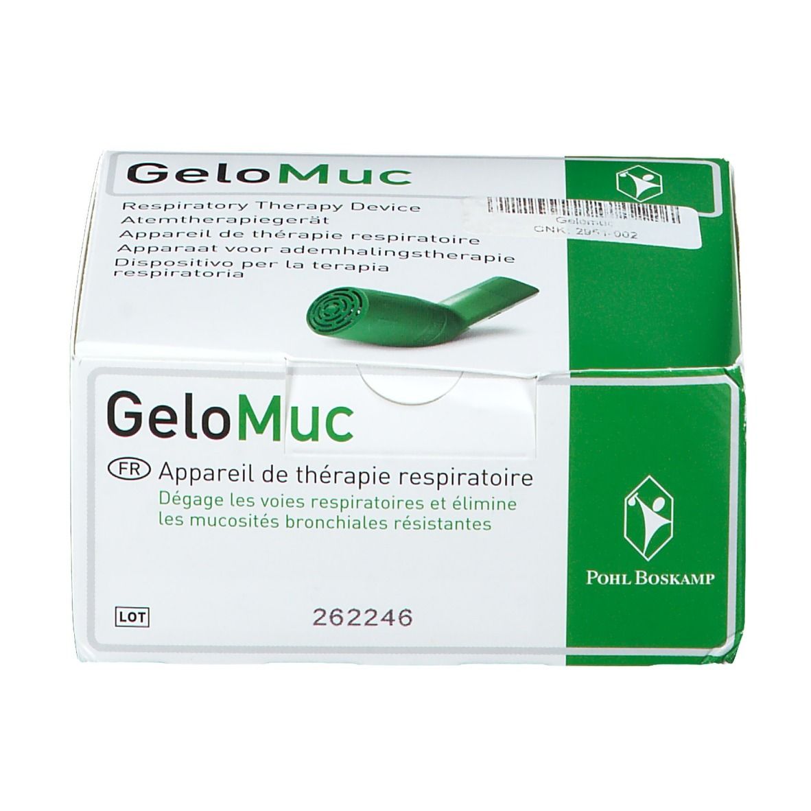 GeloMuc® Inhalationsgerät in Verpackung. Grün-weiße Schachtel mit Produktabbildung und Text. Herstellerlogo und CE-Zeichen.