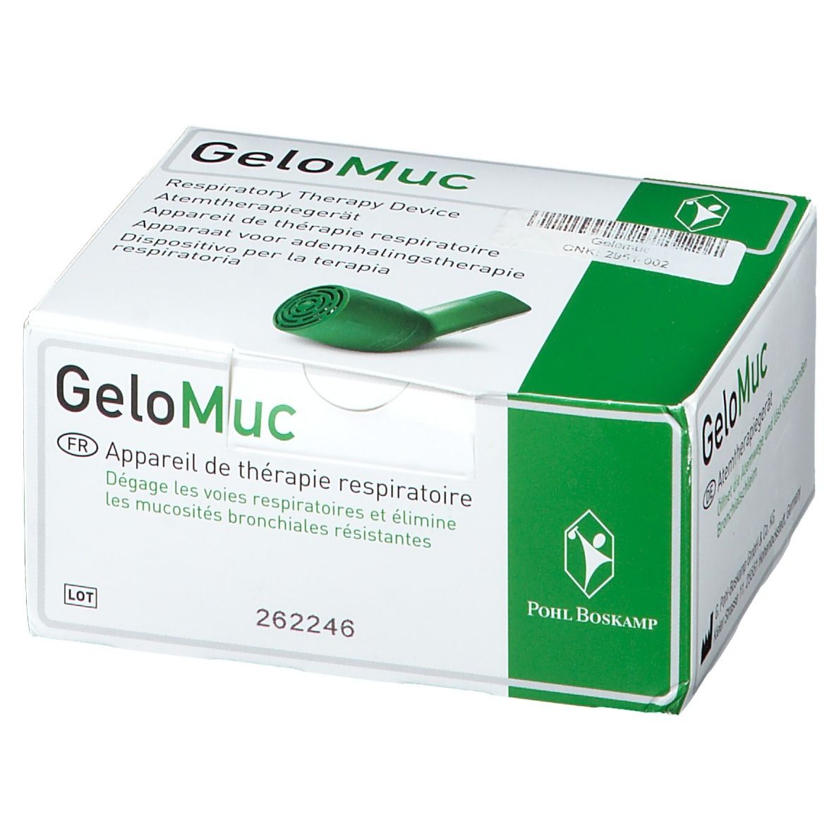 GeloMuc® Inhalationsgerät in Verpackung. Grün-weiße Schachtel mit Produktabbildung und Text. Herstellerlogo und CE-Zeichen.