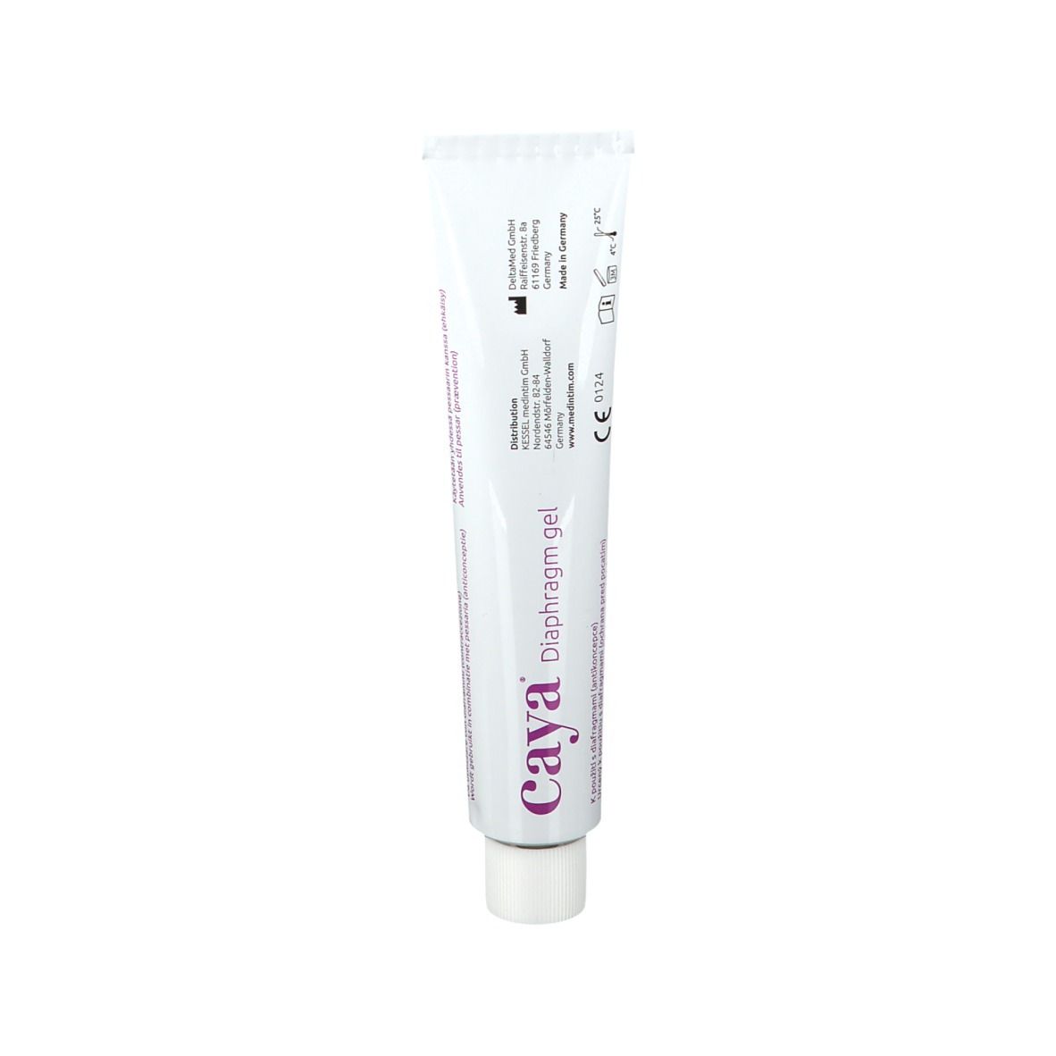 Tube de gel Caya Diaphragm. Blanc, texte violet. Contient des informations et un numéro de lot. Avec bouchon à vis.