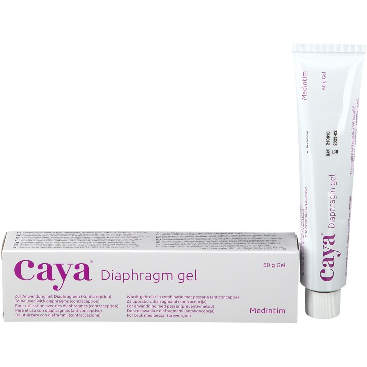 Gel Caya Diaphragm et emballage. Boîte blanche avec texte violet. Tube à côté. 60 g de gel.