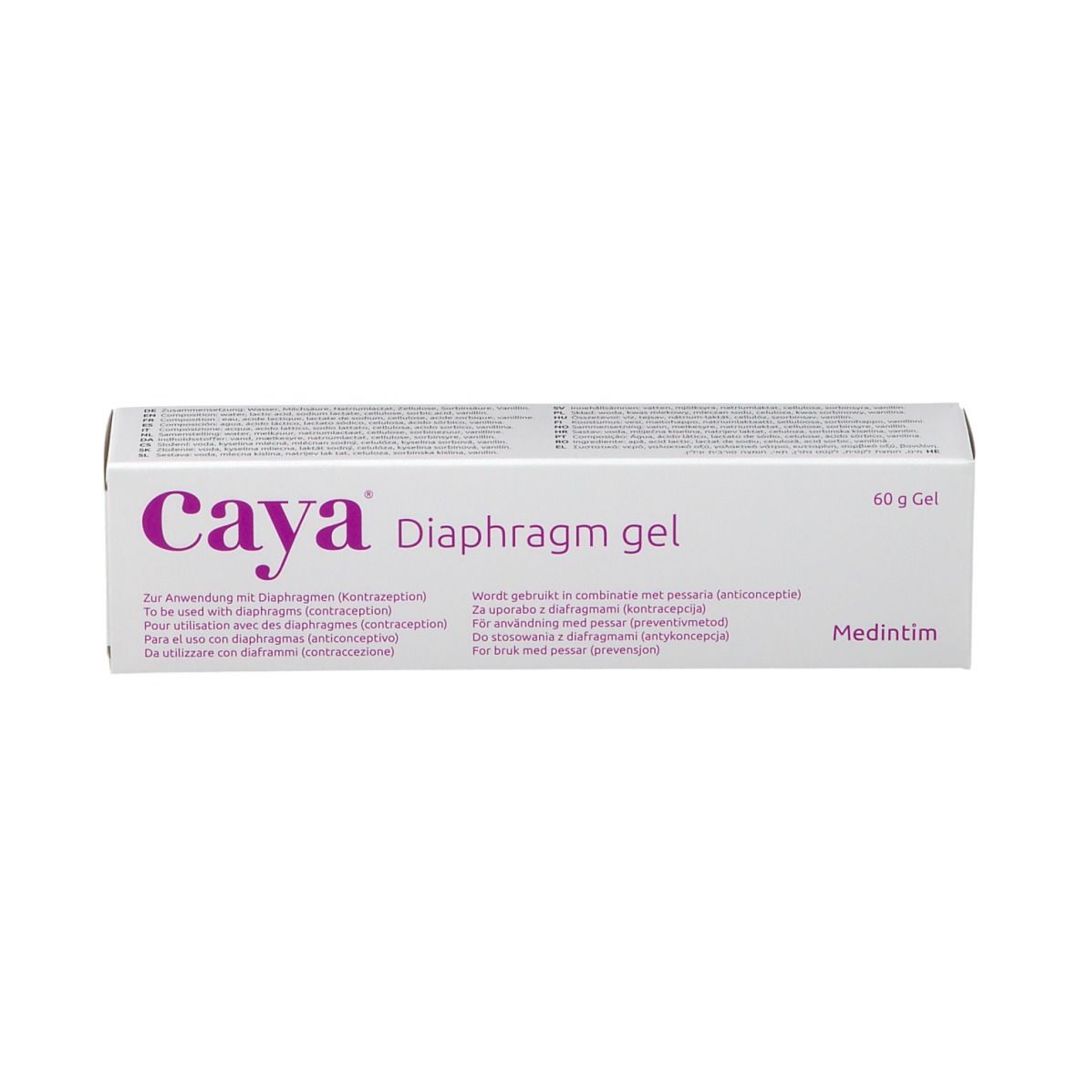Boîte blanche de gel Caya Diaphragm. Texte violet. Contient des informations sur le produit. 60 g de gel.