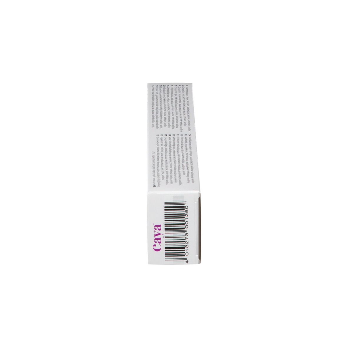 Côté de l'emballage du gel Caya Diaphragm. Blanc avec texte violet. Contient des informations sur le produit et un code-barres.