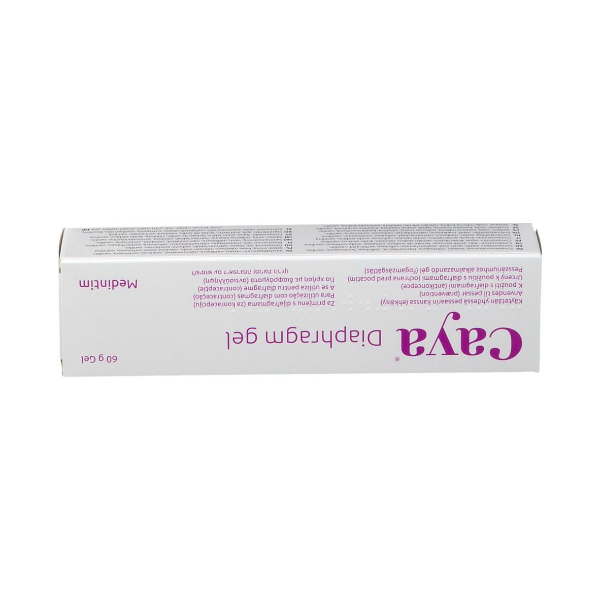 Emballage du gel Caya Diaphragm. Boîte blanche avec texte violet. 60 g de gel. Informations sur le produit.