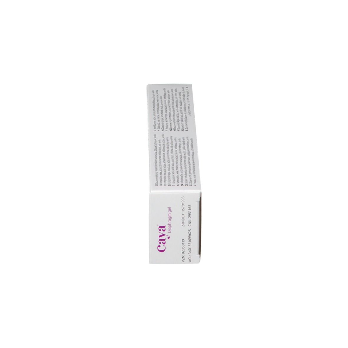 Côté de l'emballage du gel Caya Diaphragm. Blanc avec texte violet. Contient des informations sur le produit et un code-barres.