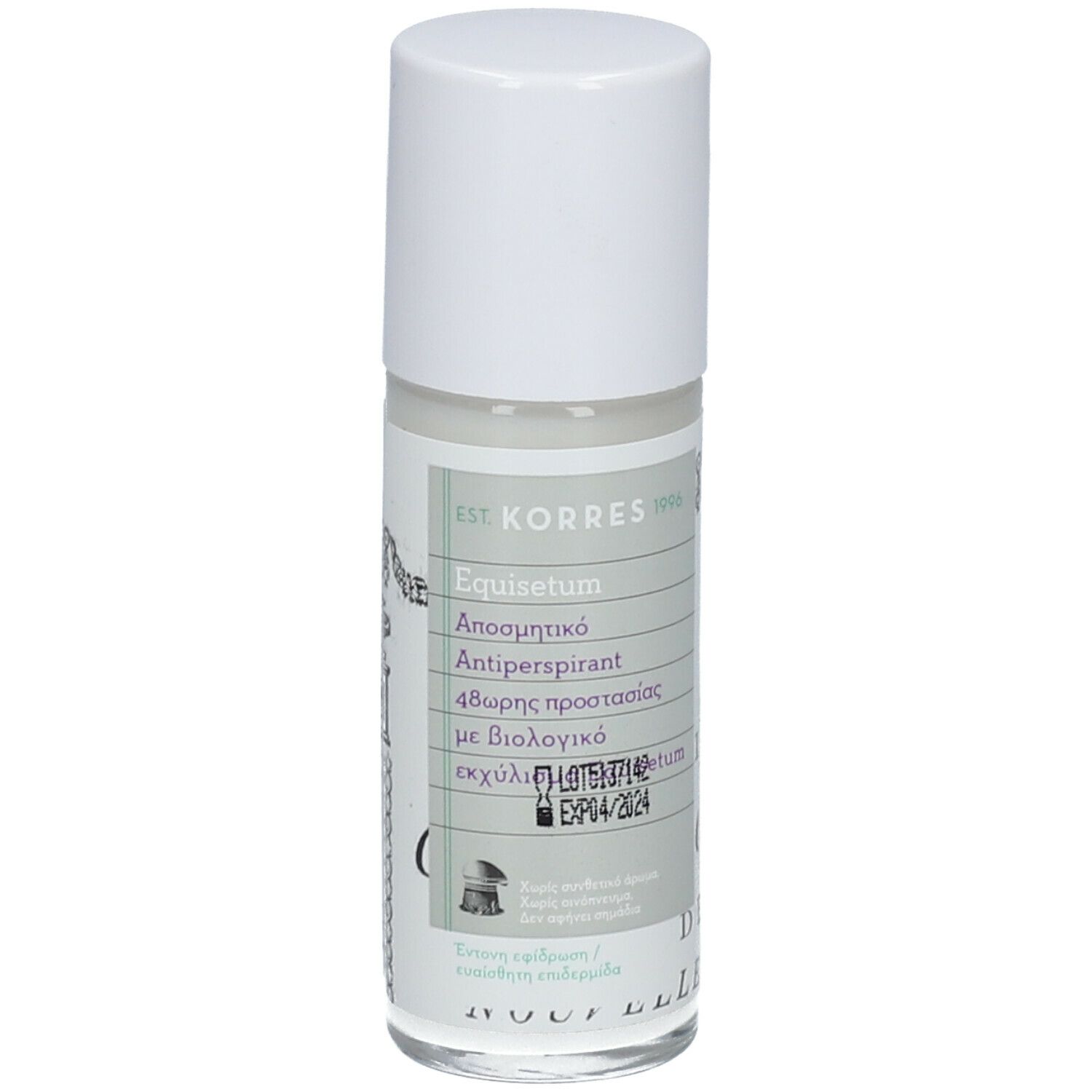 Roll-on antitranspirant KORRES. Bouchon blanc, flacon transparent avec étiquette. Texte: Equisetum, 48h.