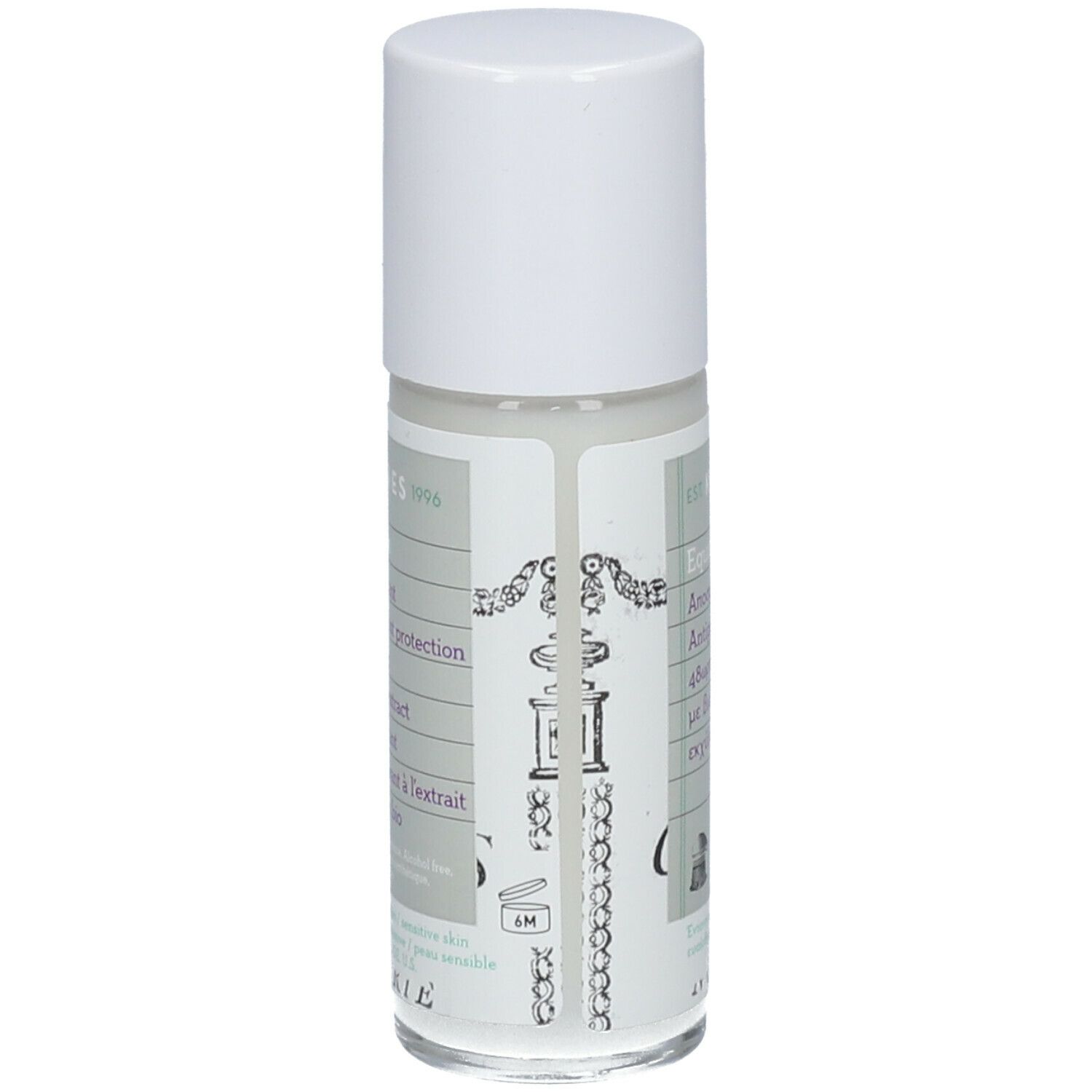 Roll-on antitranspirant KORRES. Bouchon blanc, flacon transparent avec étiquette. Texte: Equisetum, 48h.