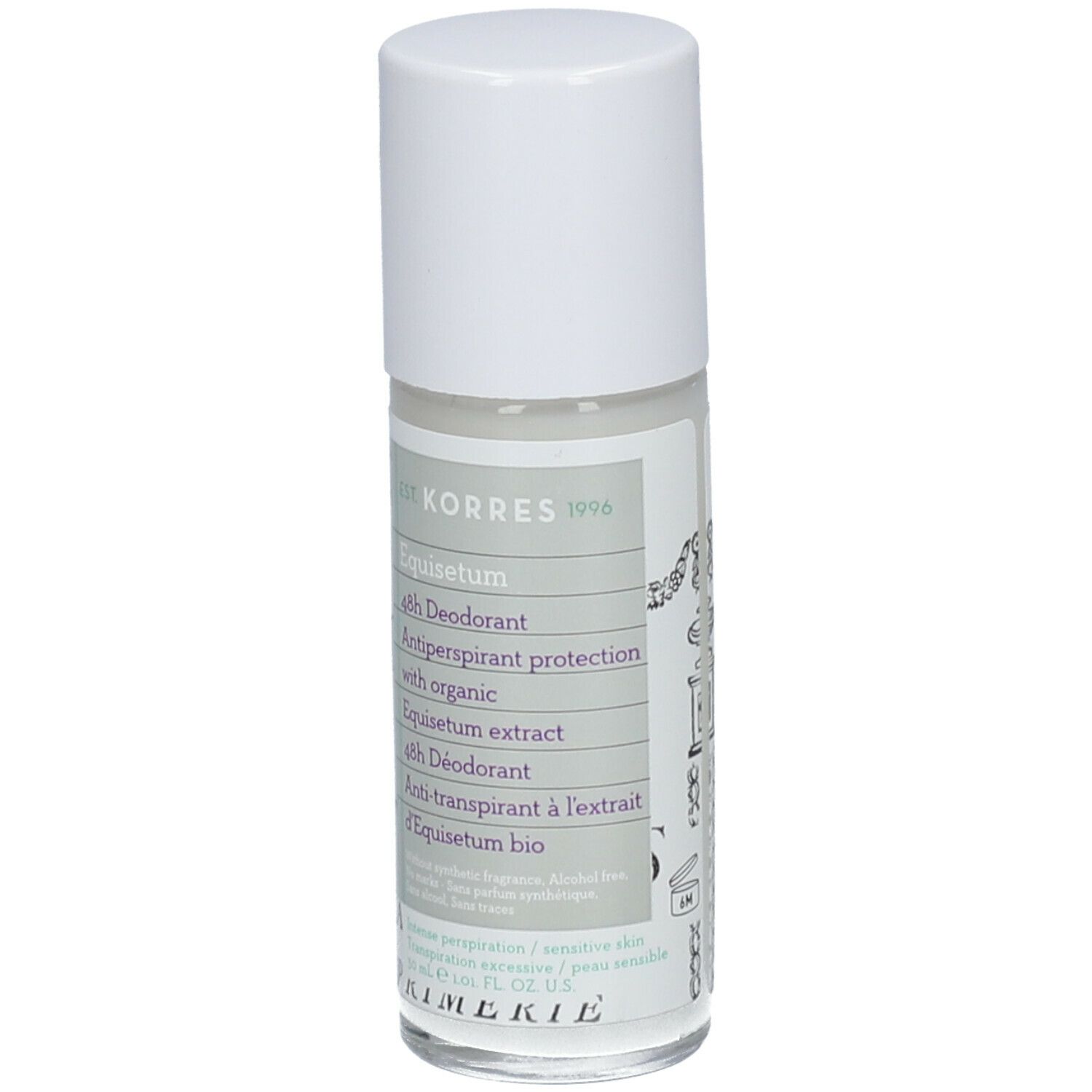Roll-on antitranspirant KORRES. Bouchon blanc, flacon transparent avec étiquette. Texte: Equisetum, 48h.