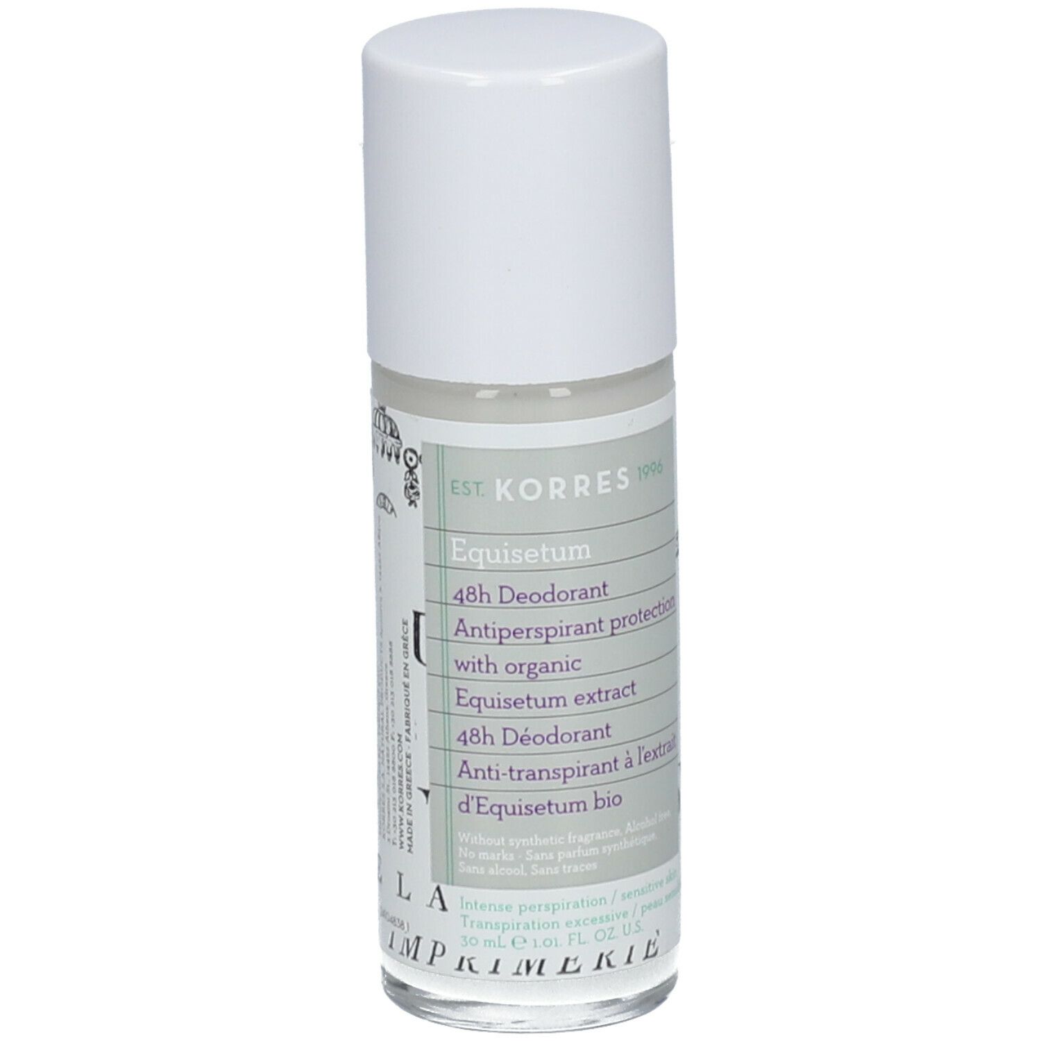 Roll-on antitranspirant KORRES. Bouchon blanc, flacon transparent avec étiquette. Texte: Equisetum, 48h.