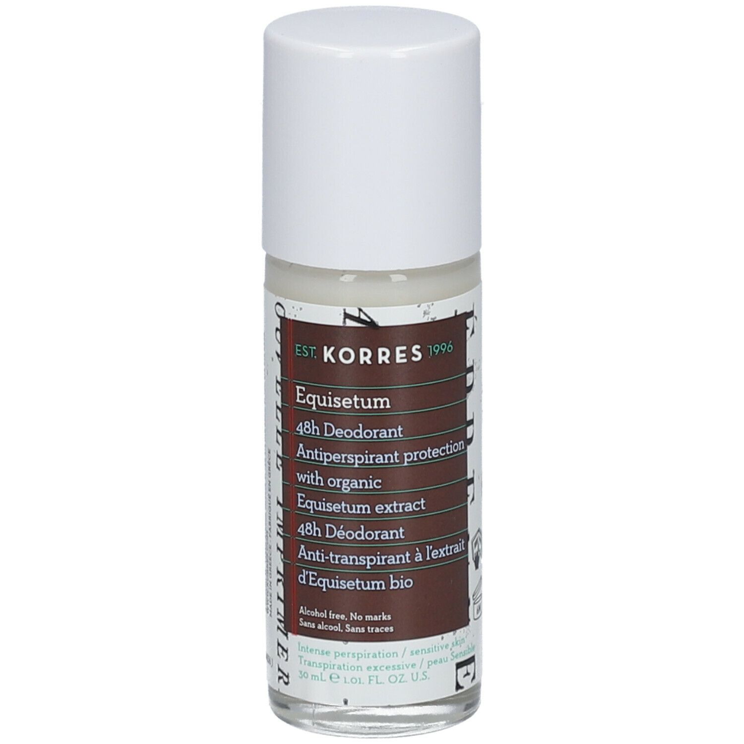 Déodorant Korres Equisetum. Déodorant roll-on avec bouchon blanc. Étiquettes marron et blanches avec informations.