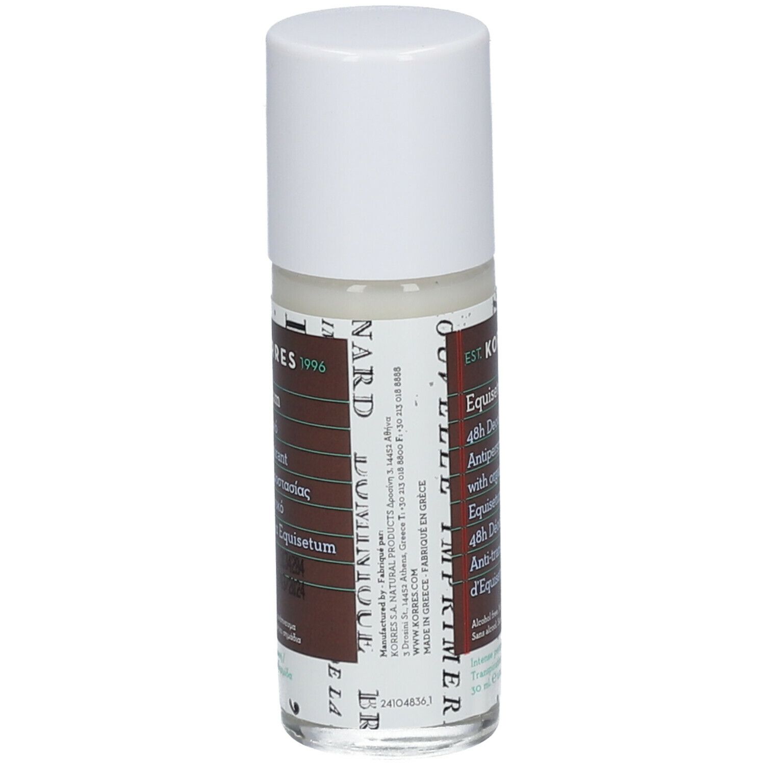 Déodorant Korres Equisetum. Déodorant roll-on avec bouchon blanc. Étiquettes avec informations, vue latérale.