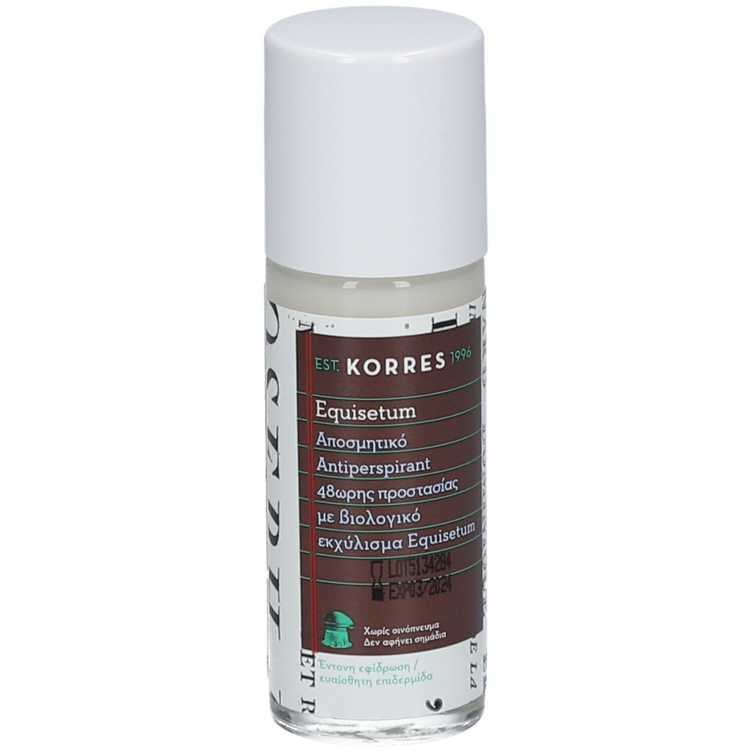 Déodorant Korres Equisetum. Déodorant roll-on avec bouchon blanc. Étiquettes avec informations, vue latérale.