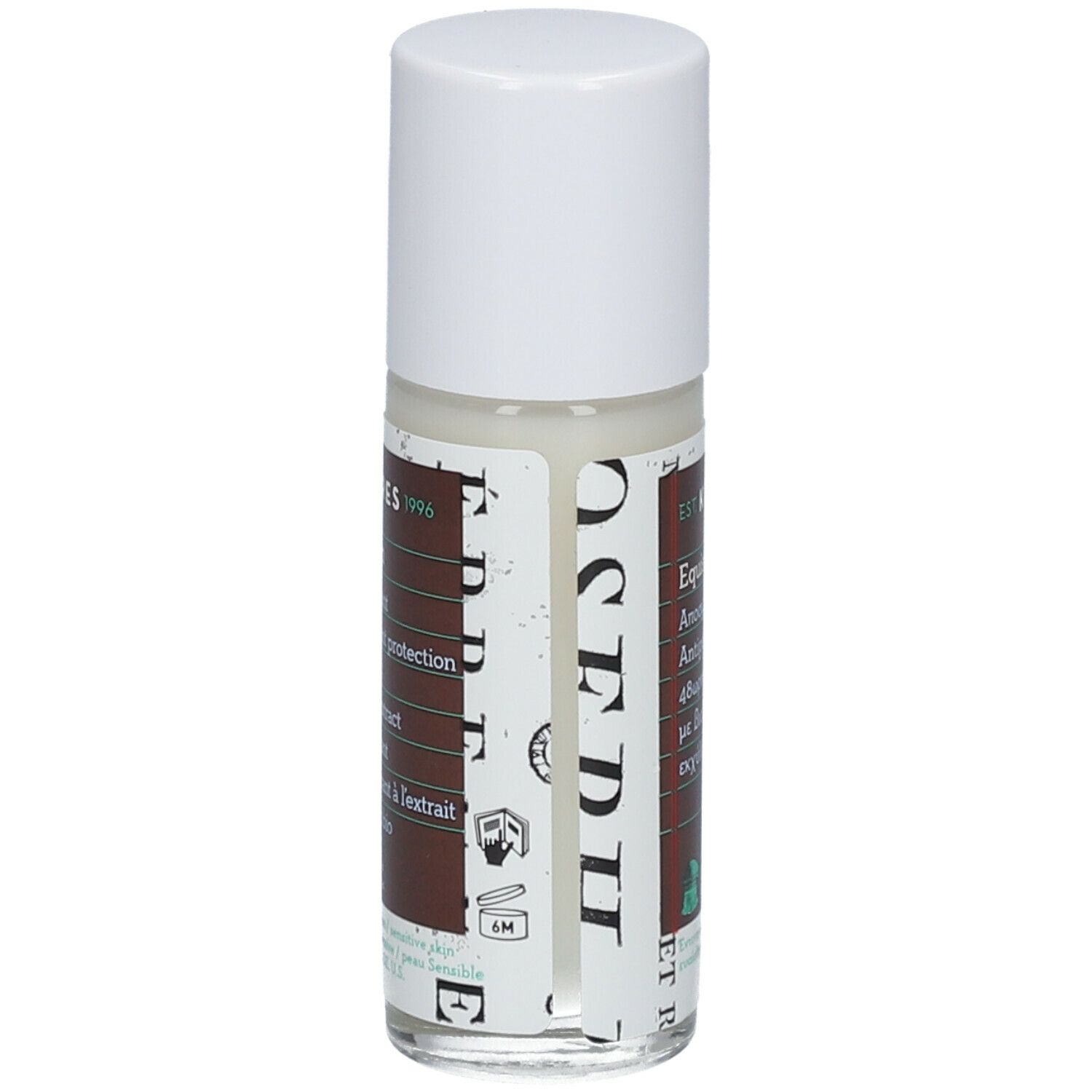 Déodorant Korres Equisetum. Déodorant roll-on avec bouchon blanc. Étiquettes avec informations, vue latérale.