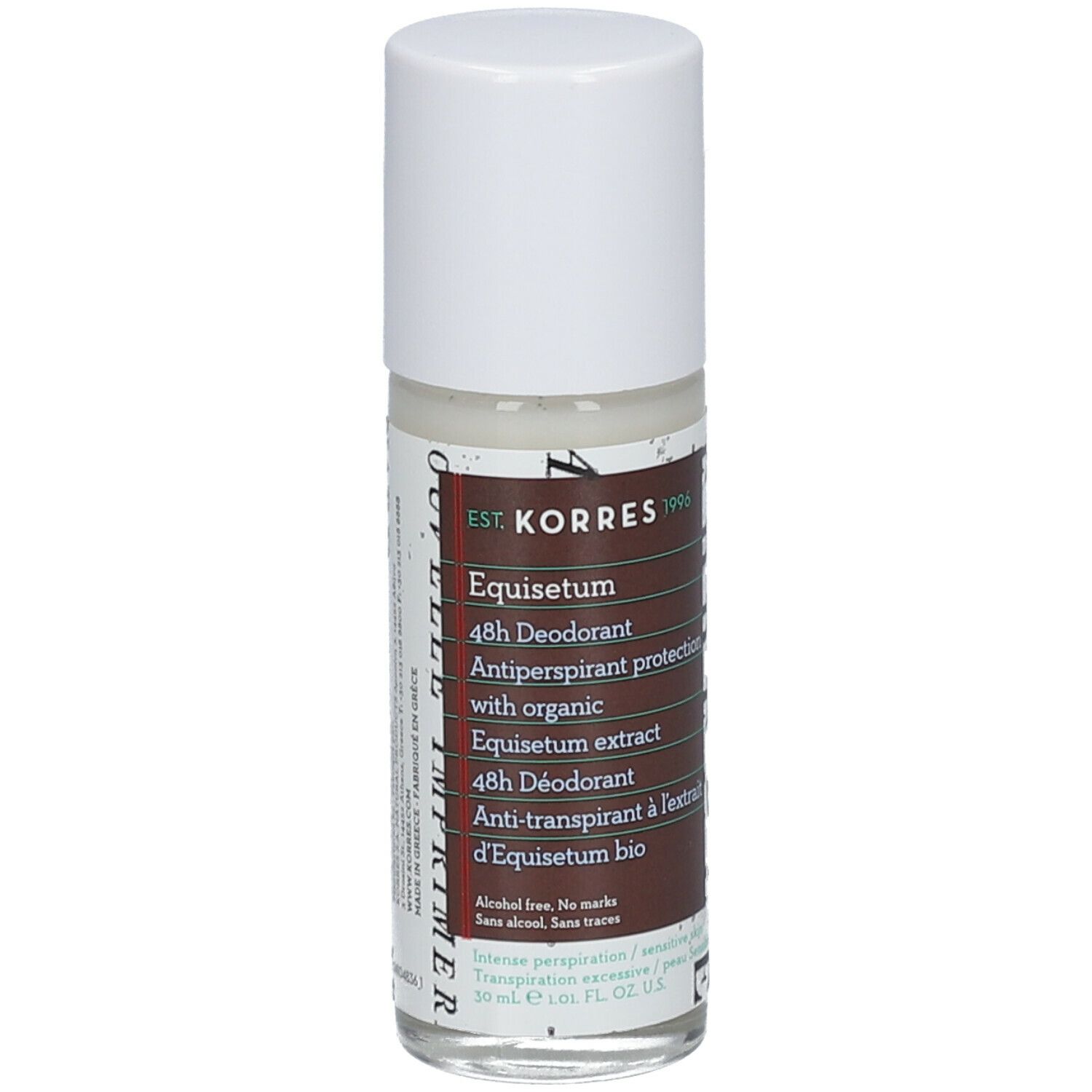 Déodorant Korres Equisetum. Déodorant roll-on avec bouchon blanc. Étiquettes marron et blanches avec informations.