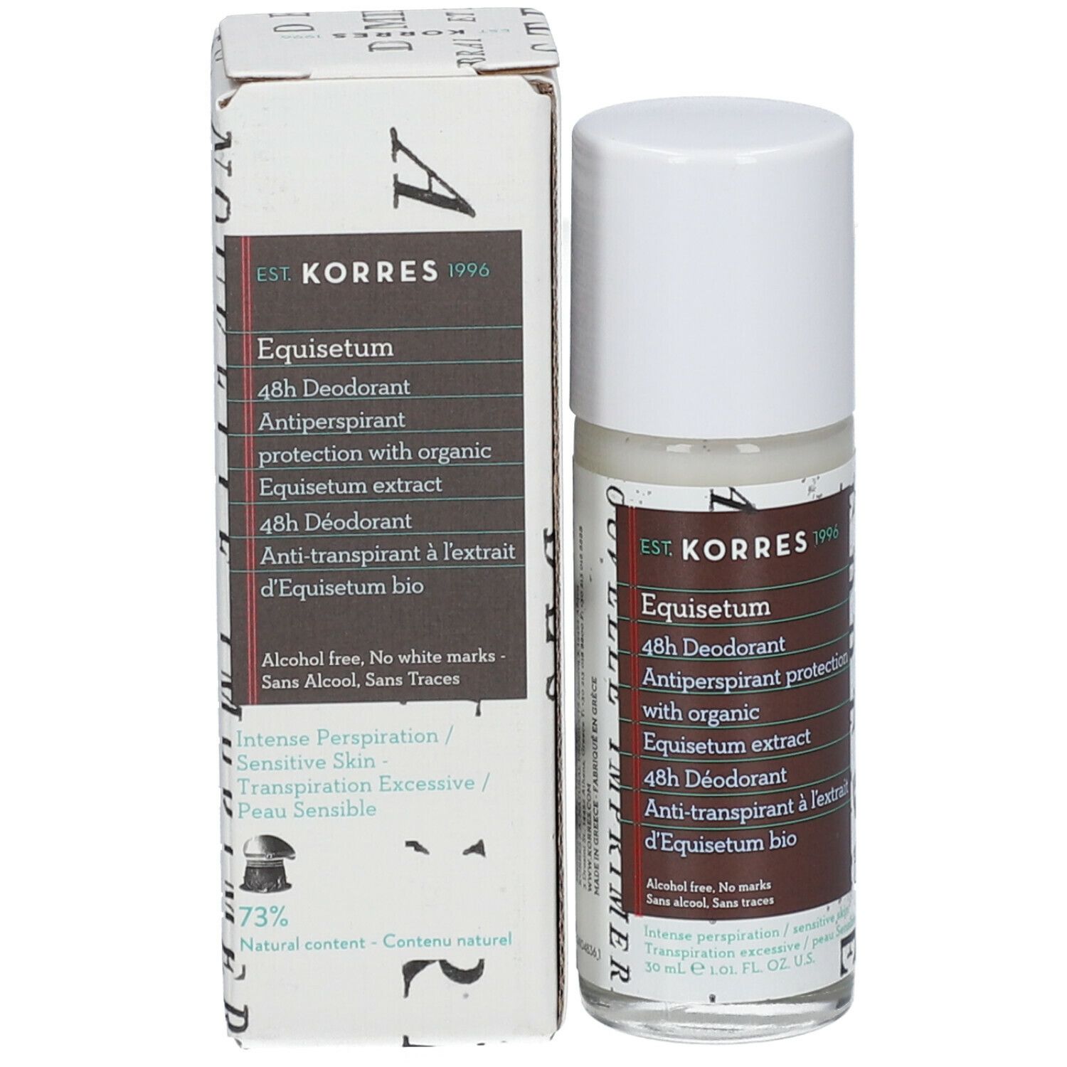 Déodorant Korres Equisetum et emballage. Déodorant roll-on et boîte. Informations sur les étiquettes et l'emballage.