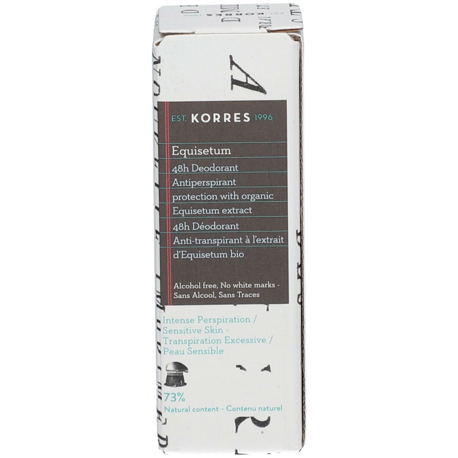 Emballage du déodorant Korres Equisetum. Boîte avec informations produit. 73% de contenu naturel.
