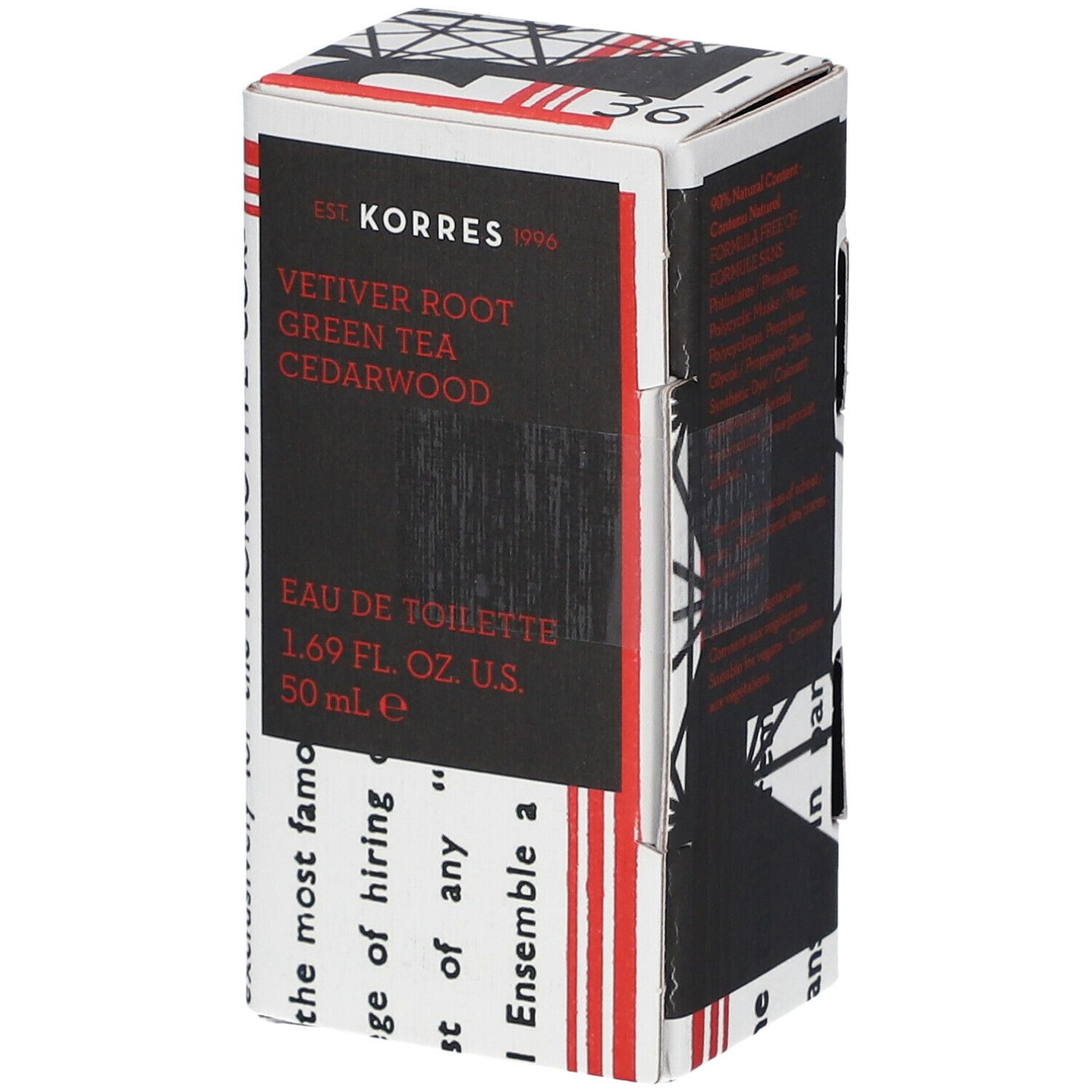 KORRES® Homme Eau de Toilette verpakking. Zwarte tekst op witte karton. Productnaam, ingrediënten en waarschuwingen zichtbaar.