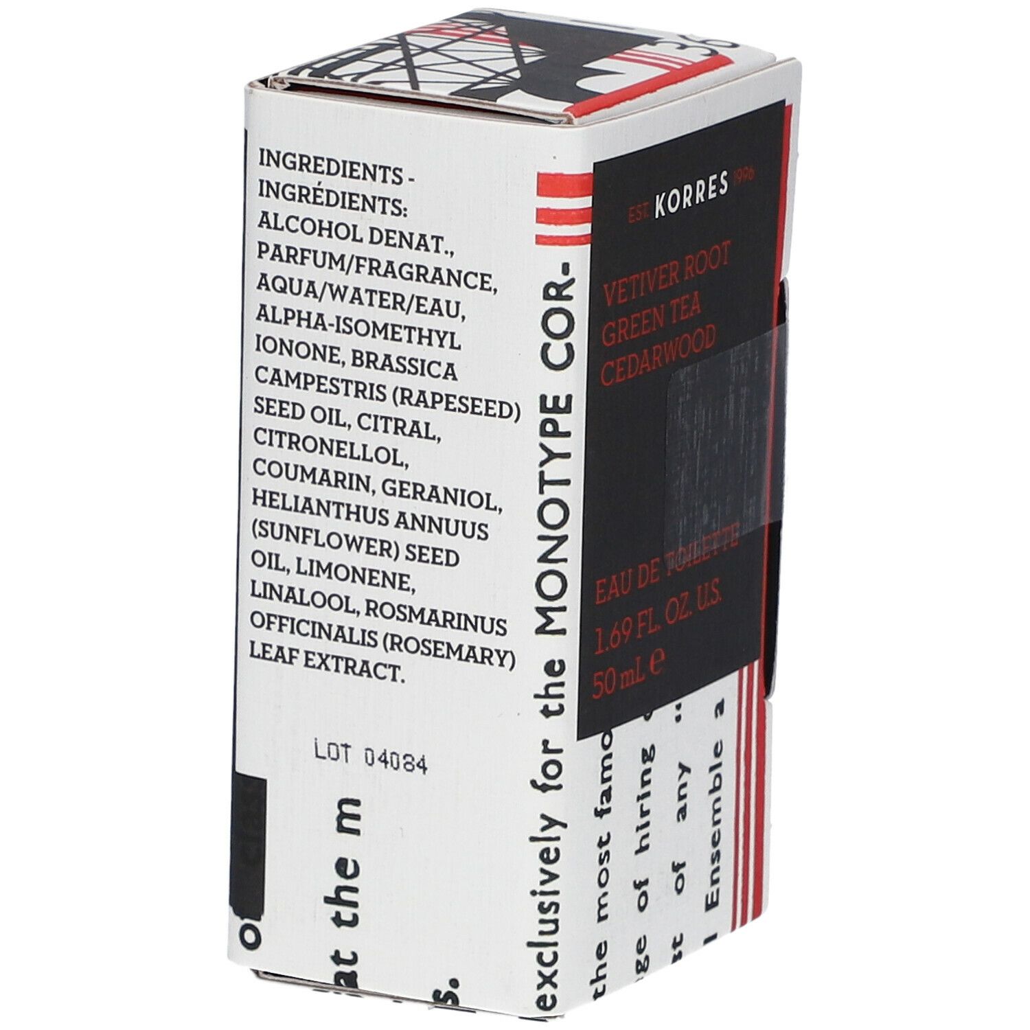 Achterkant KORRES® Homme Eau de Toilette verpakking. Ingrediënten en lotnummer. Zwarte tekst op witte karton.