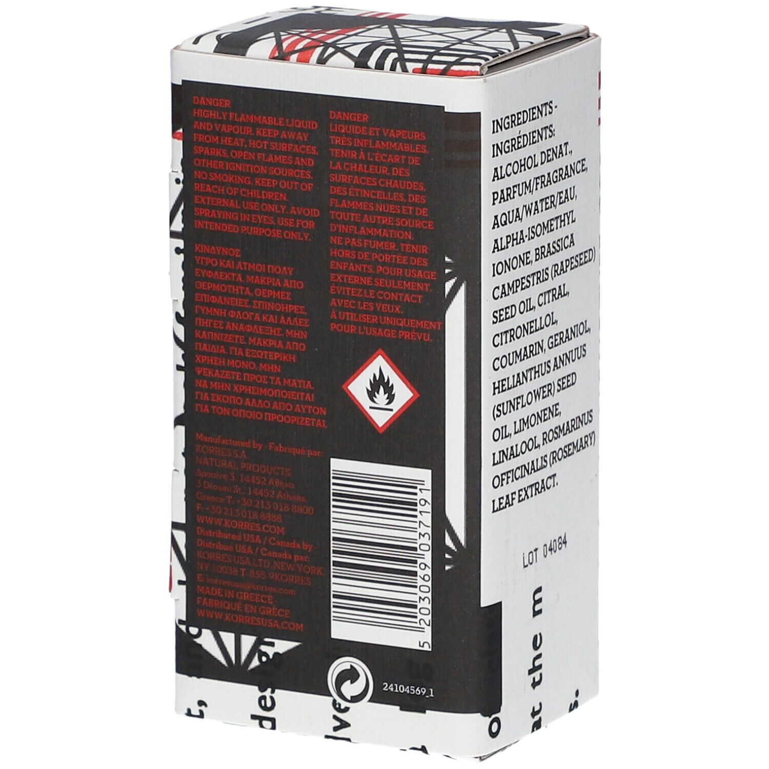 Achterkant KORRES® Homme Eau de Toilette verpakking. Waarschuwingssymbolen en barcode. Zwarte tekst op witte karton.