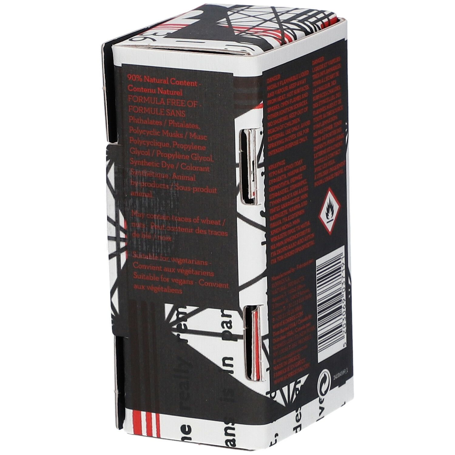 Zijkant KORRES® Homme Eau de Toilette verpakking. Ingrediënten. Zwarte tekst op witte karton. 90% natuurlijk.