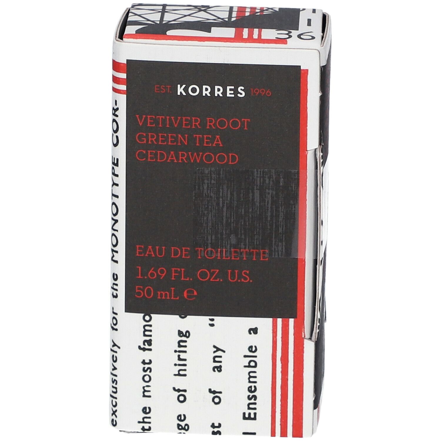 Voorkant KORRES® Homme Eau de Toilette verpakking. Productnaam en logo. Zwarte tekst op witte karton.