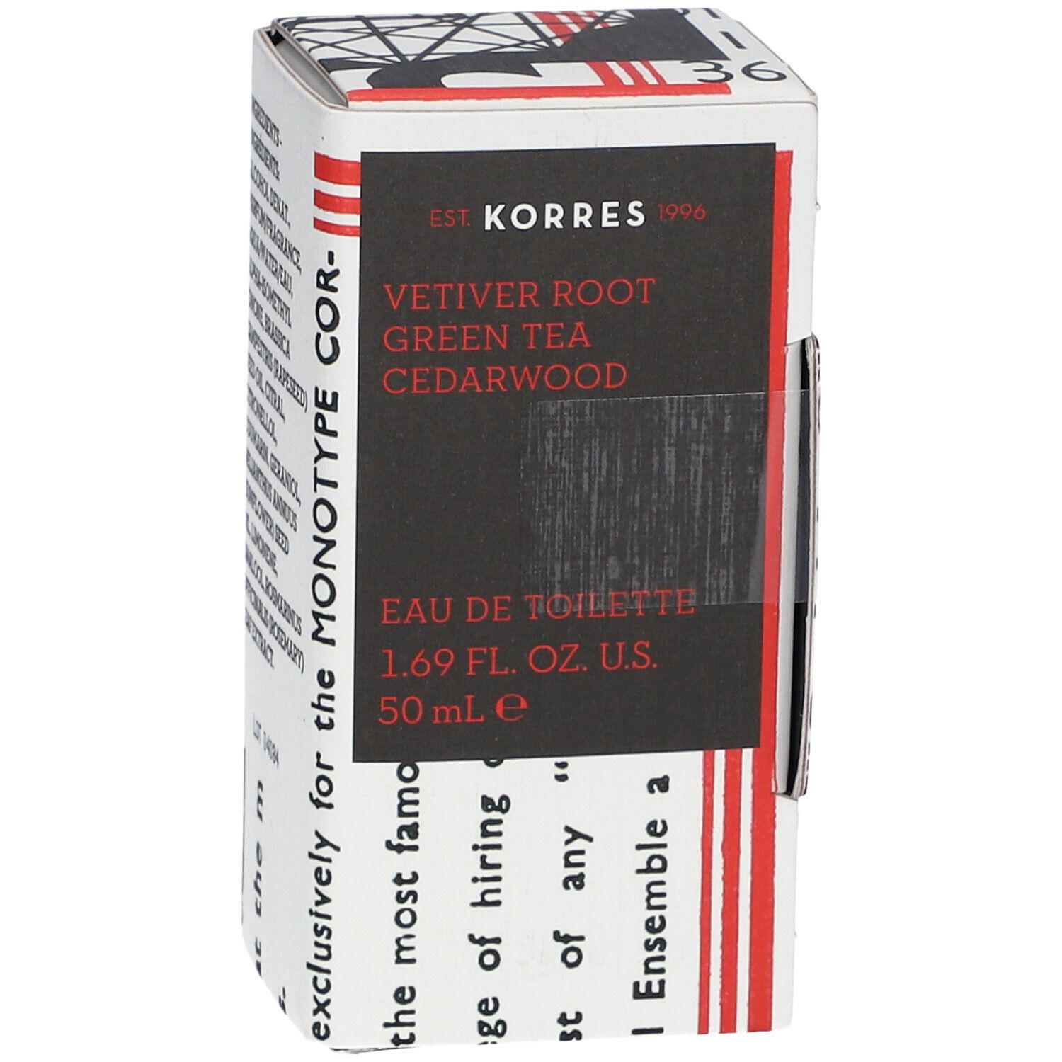 Voorkant KORRES® Homme Eau de Toilette verpakking. Productnaam en logo. Zwarte tekst op witte karton.