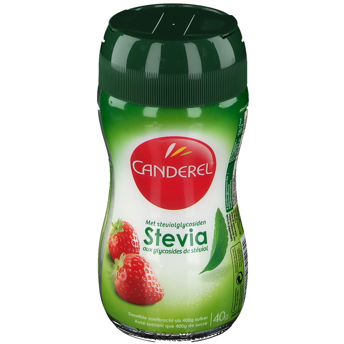 Flacon vert de CANDEREL Streusüße avec couvercle rouge. Inscription: Stevia, fraises.