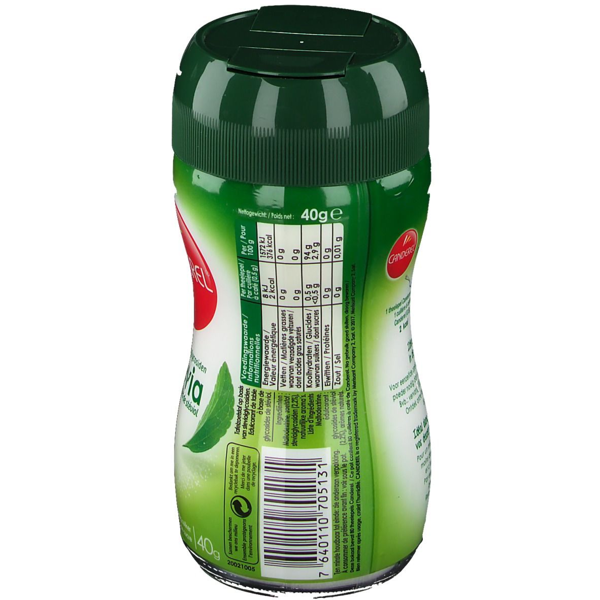 Dos du flacon de CANDEREL Streusüße. Contient des informations nutritionnelles et un code-barres.