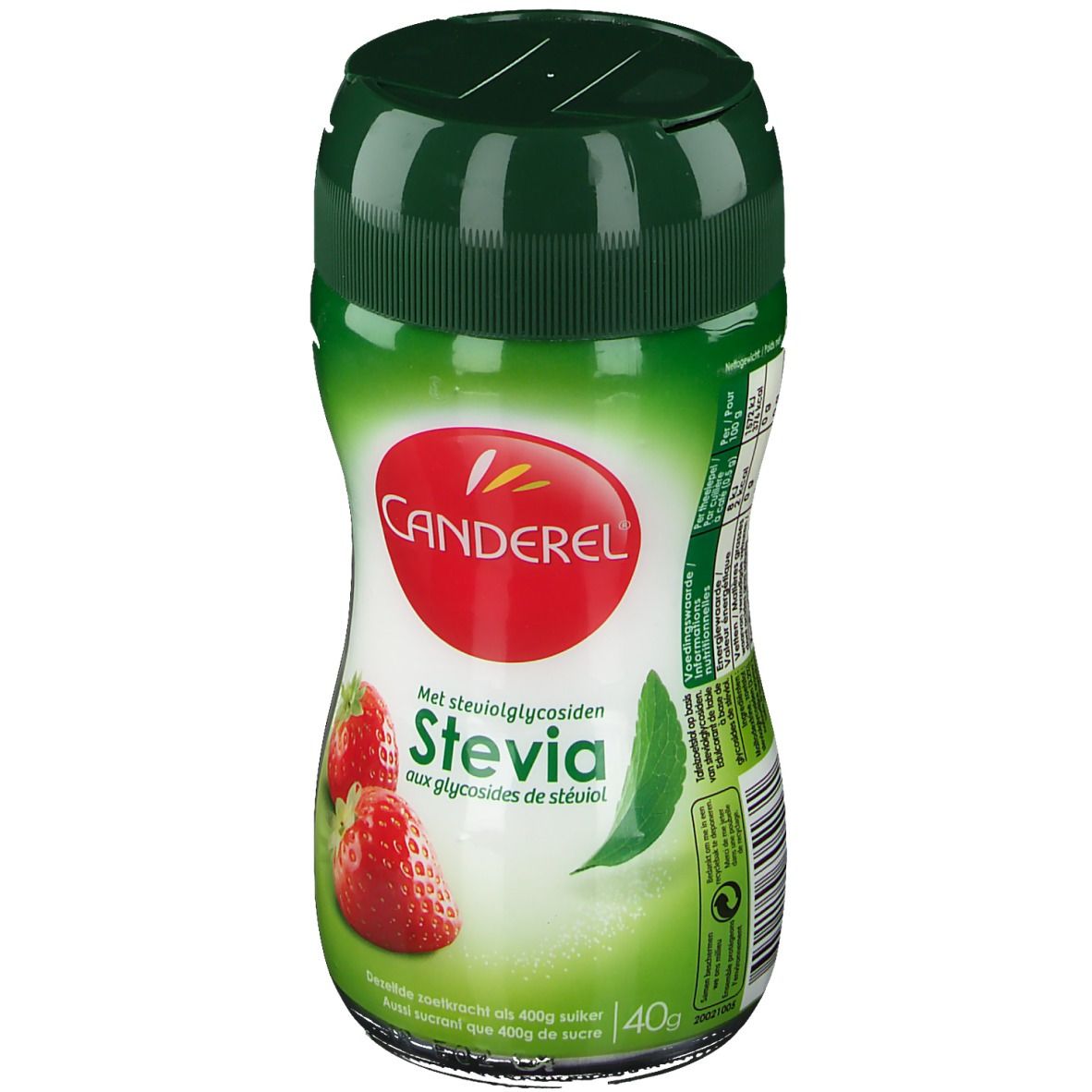 Flacon vert de CANDEREL Streusüße avec couvercle rouge. Inscription: Stevia, fraises.