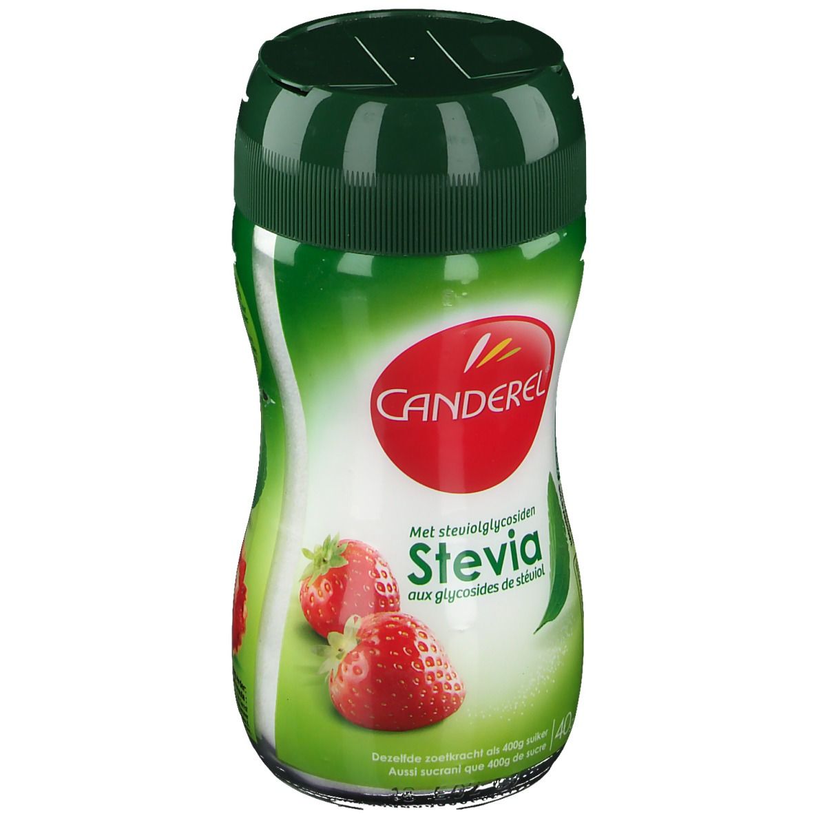 Flacon vert de CANDEREL Streusüße avec couvercle rouge. Inscription: Stevia, fraises.