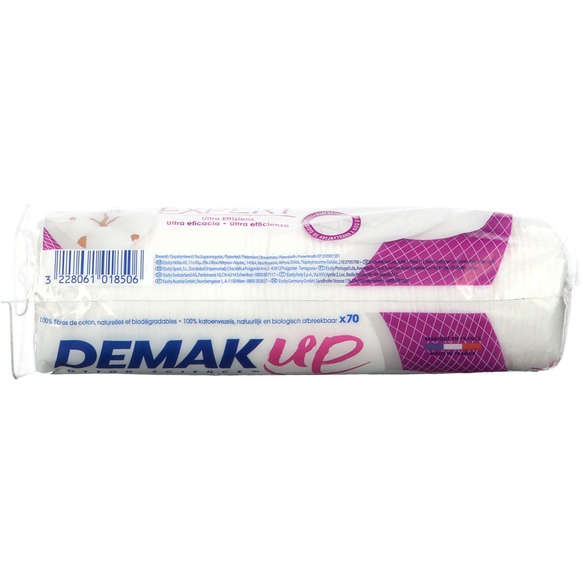 Paquet de disques de coton. Inscription: DEMAK UP, 100% coton. 70 pièces. Drapeau français.