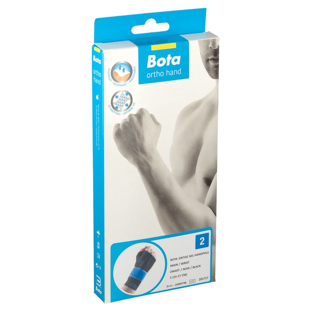 Emballage Bota Ortho Hand Strap. Boîte bleue et blanche avec image du produit et logo. Contient une attelle de poignet.