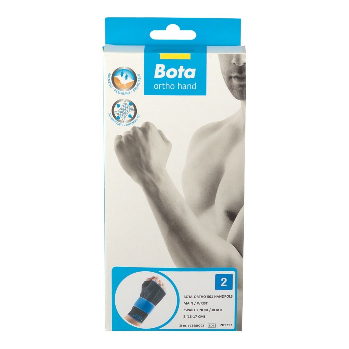 Emballage Bota Ortho Hand Strap. Boîte bleue et blanche avec image du produit et logo. Contient une attelle de poignet.