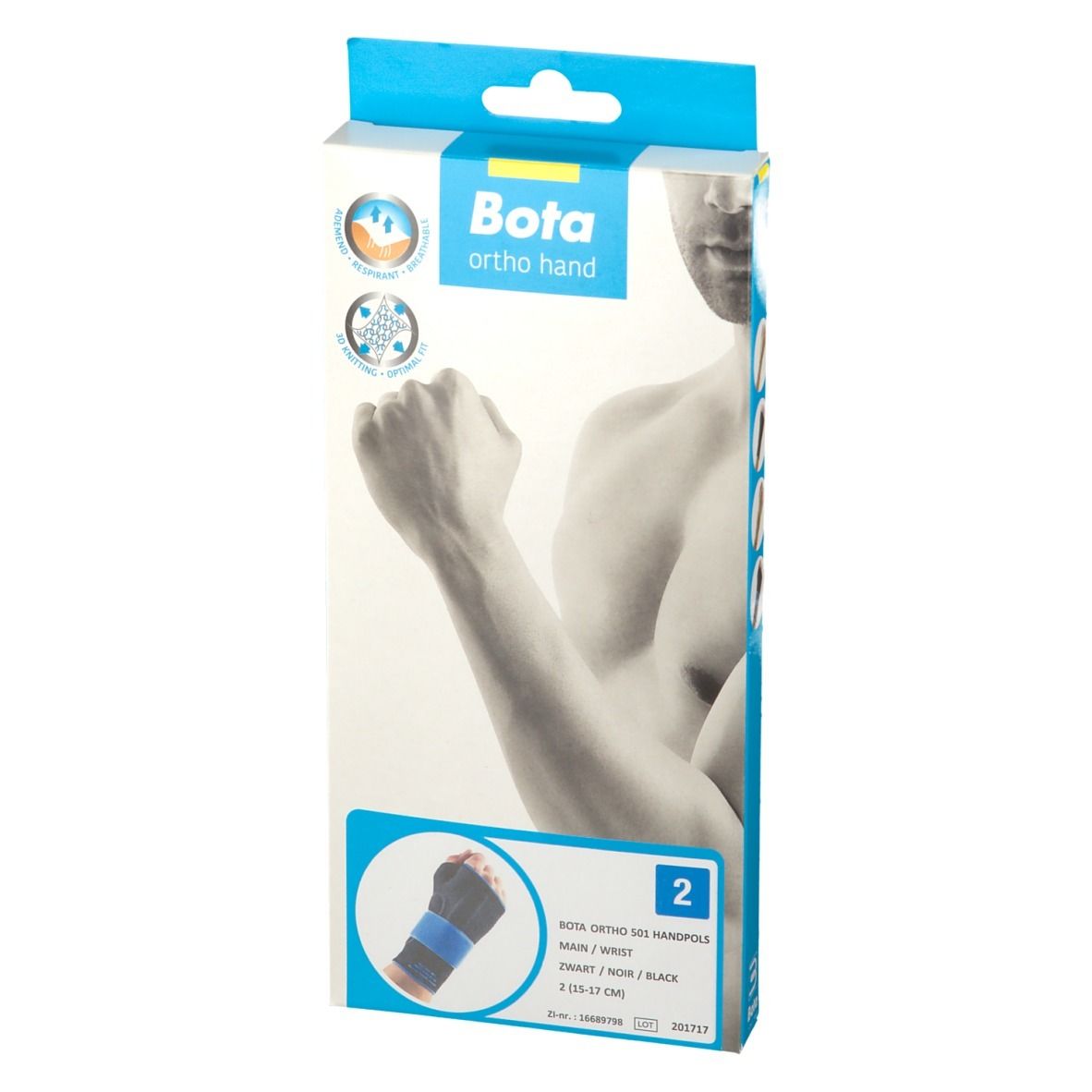 Emballage Bota Ortho Hand Strap. Boîte bleue et blanche avec image du produit et logo. Contient une attelle de poignet.