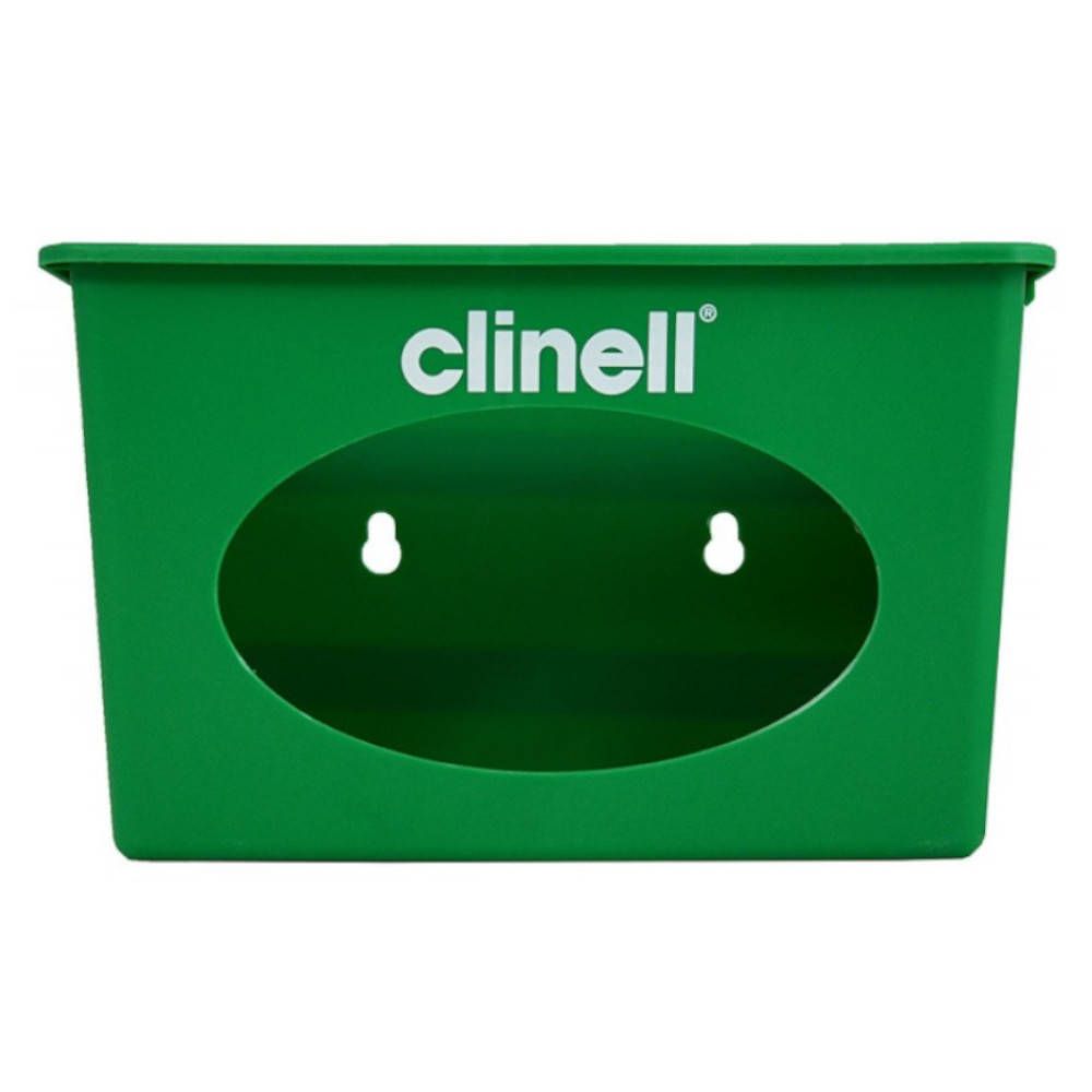 Distributeur mural vert avec ouverture ovale et deux trous. Inscription blanche 'clinell'.