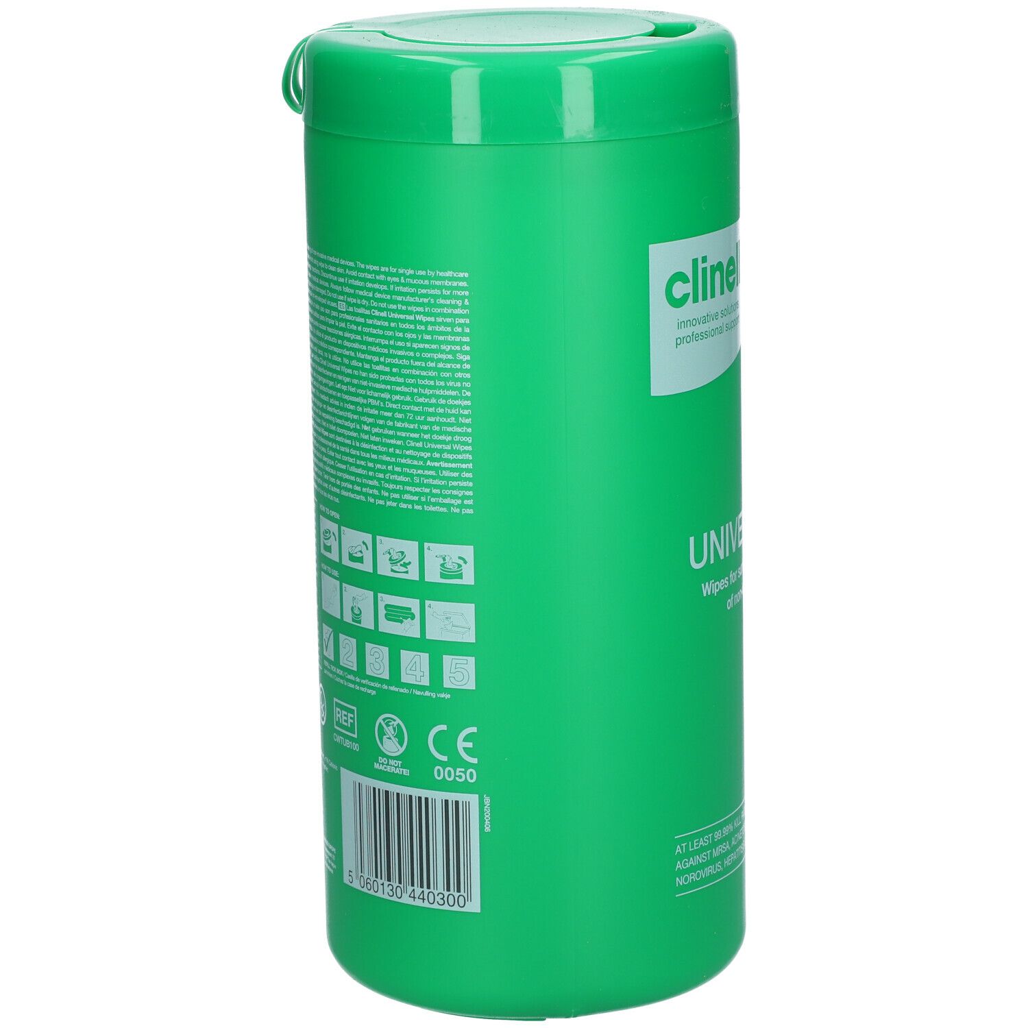 Groene tube Clinell Universal Wipes. Tekst en symbolen op de zijkant. CE-markering. Barcode.