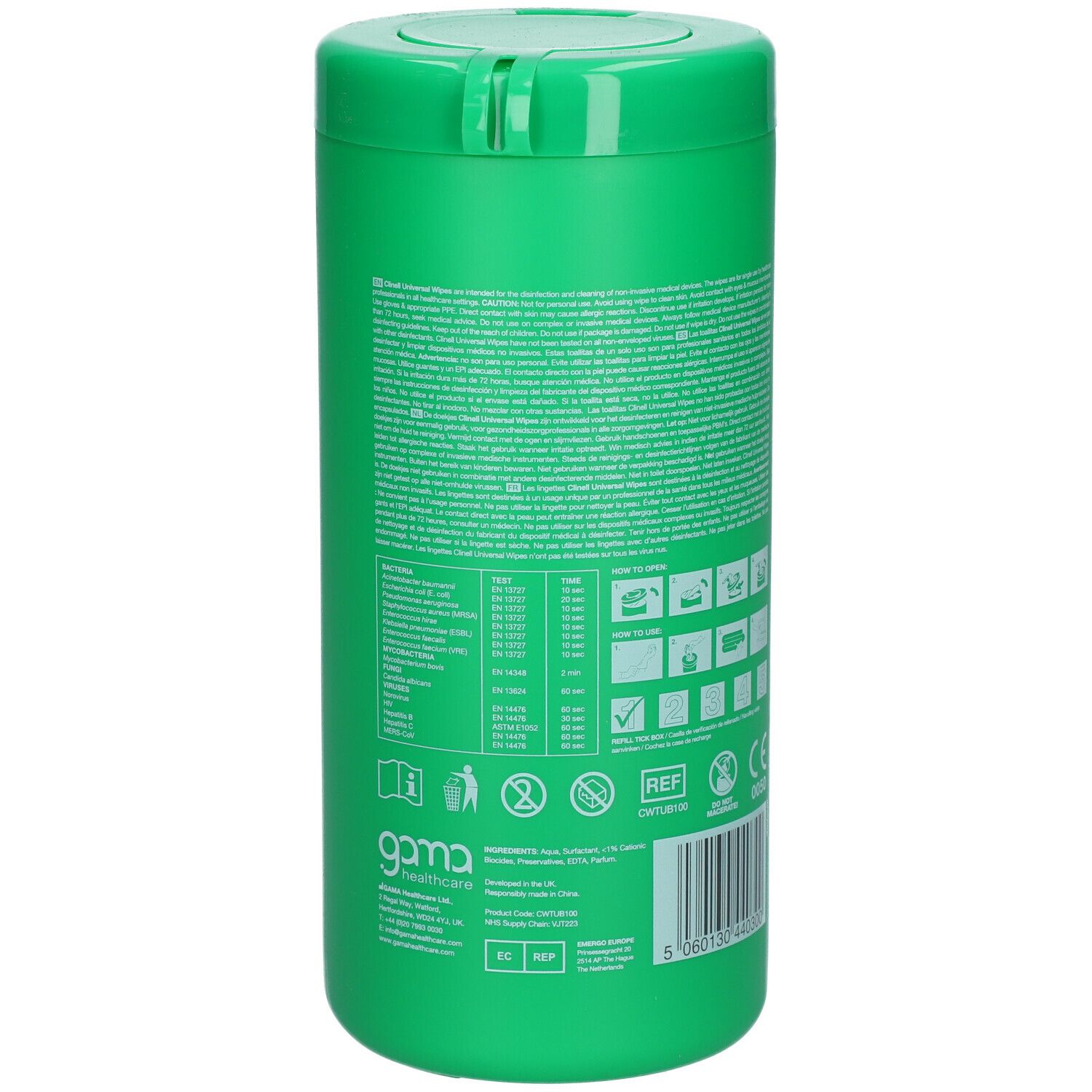 Groene tube Clinell Universal Wipes. Tekst en symbolen op de zijkant. Gama Healthcare logo. CE-markering.