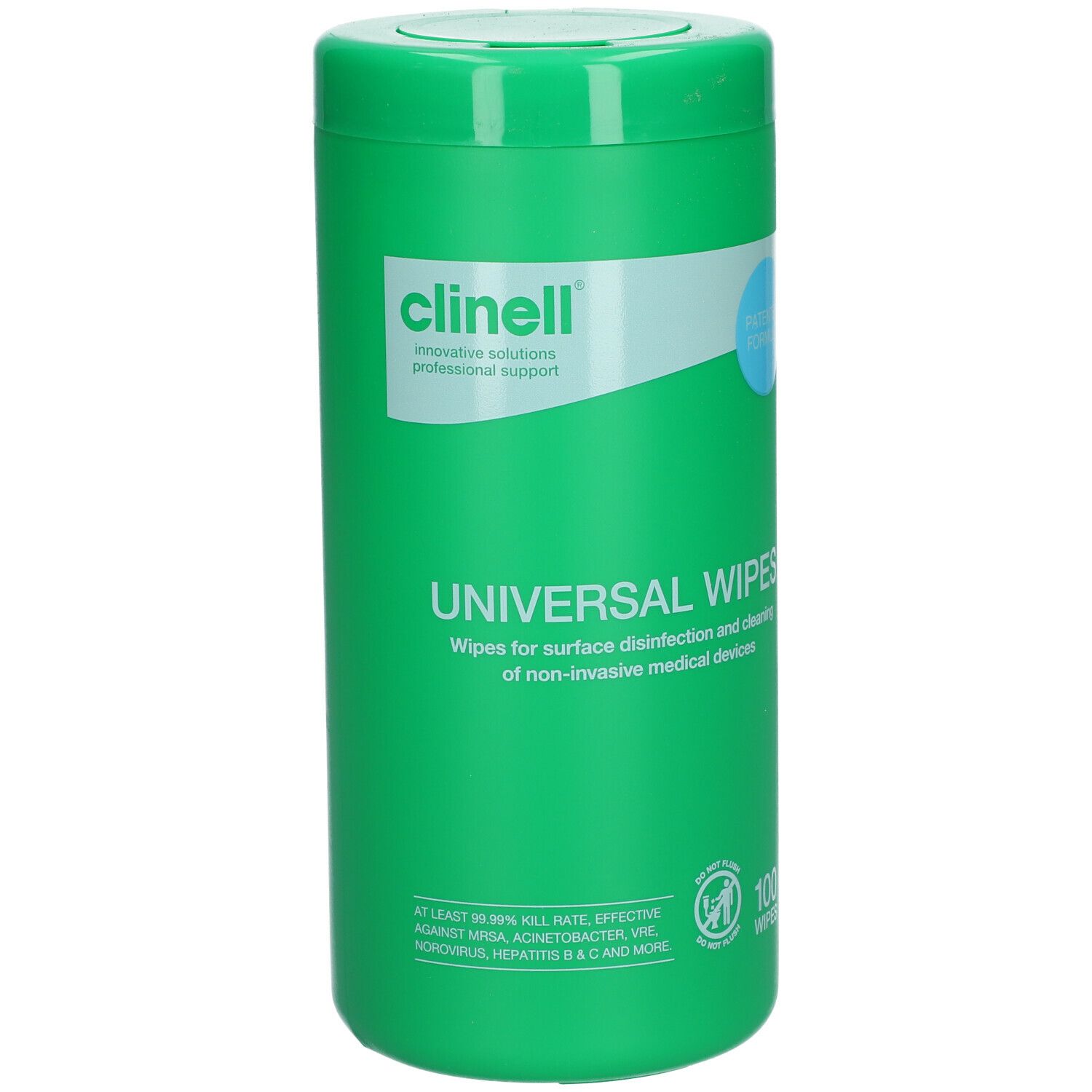 Groene tube Clinell Universal Wipes. Opschrift: Universal Wipes, 100 doekjes. Voor oppervlakte desinfectie.