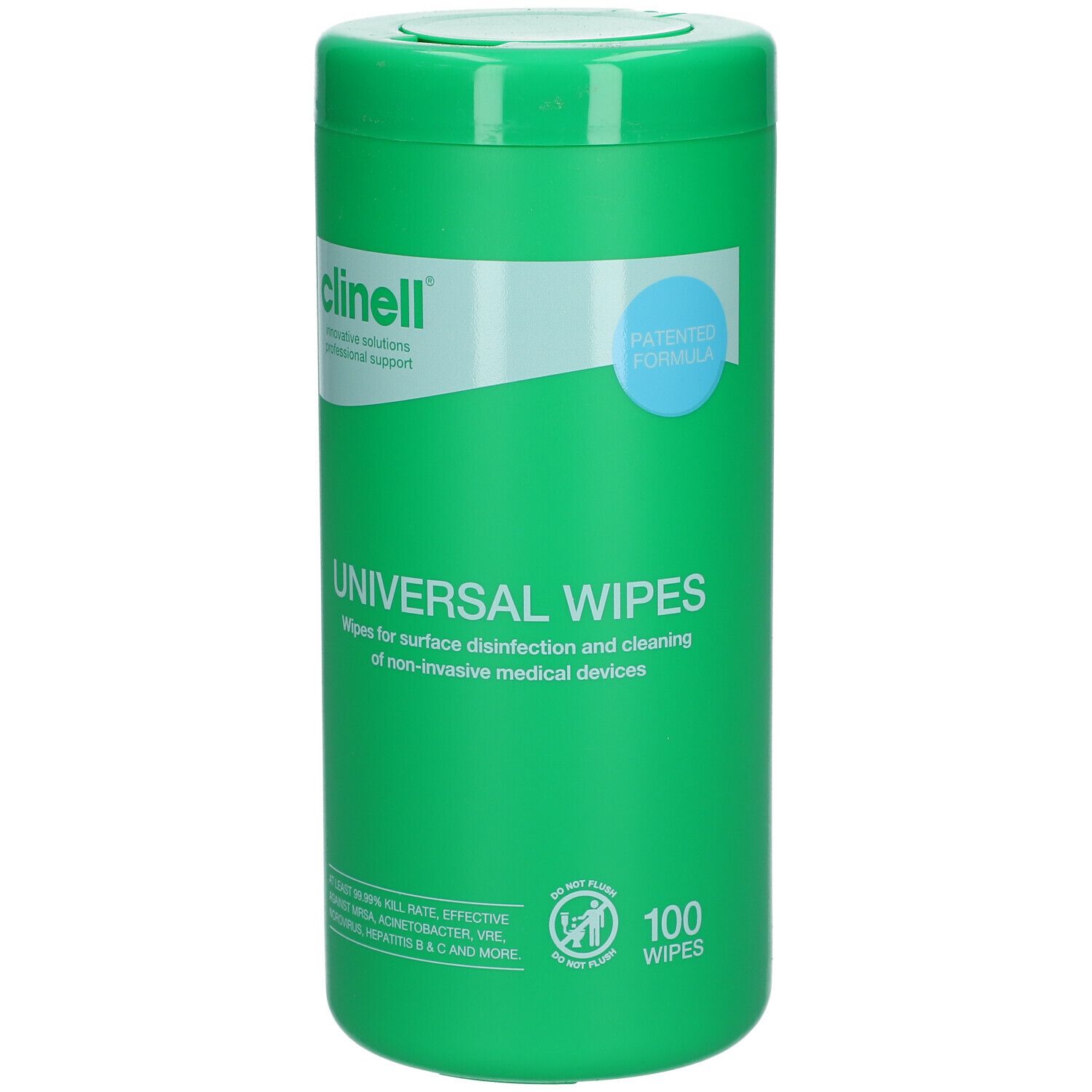 Groene tube Clinell Universal Wipes. Opschrift: Universal Wipes, 100 doekjes. Patented Formula. Voor desinfectie.