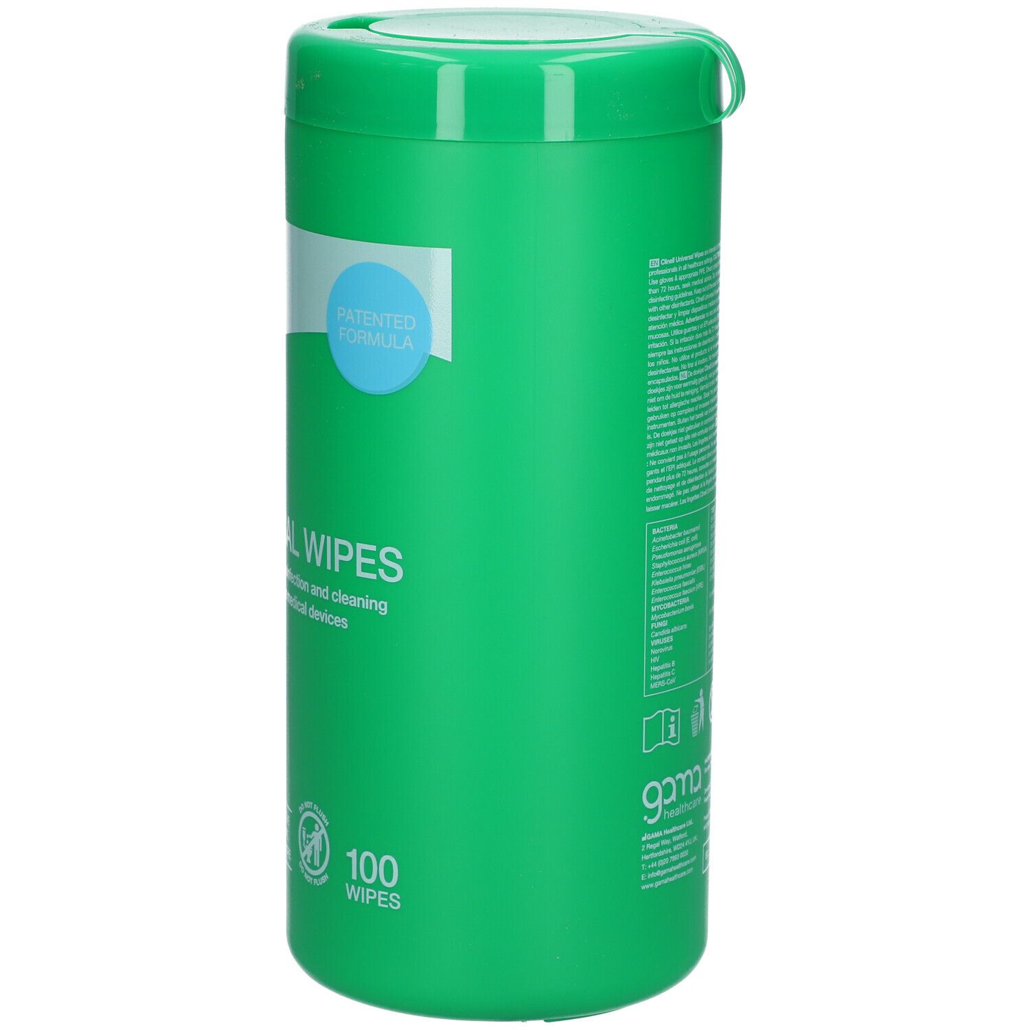 Groene tube Clinell Universal Wipes. Opschrift: Universal Wipes, 100 doekjes. Patented Formula. Gama Healthcare logo.