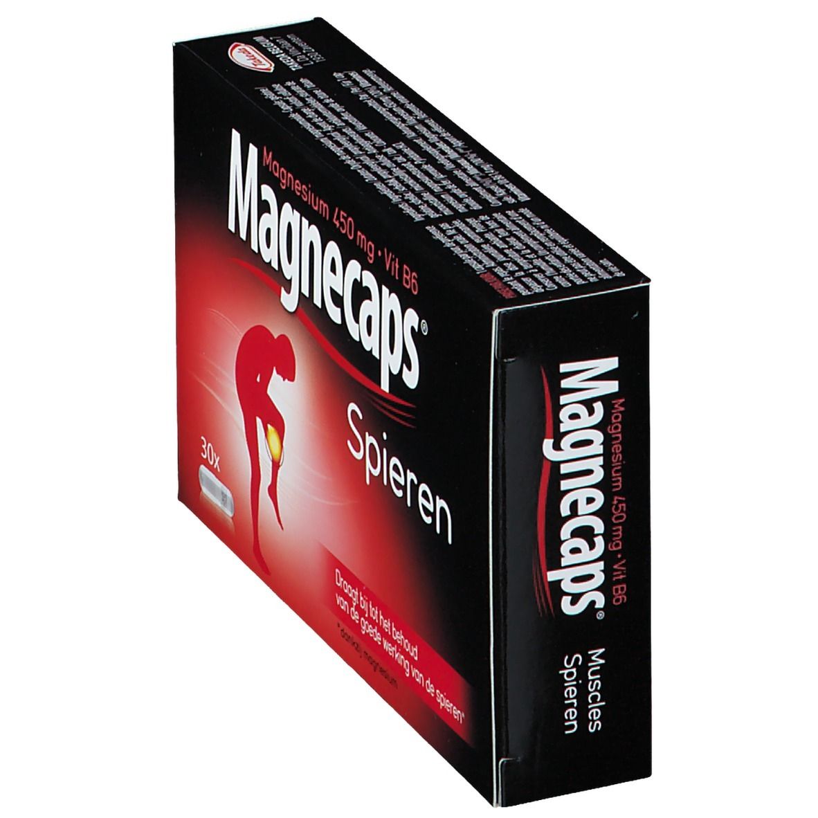 Boîte noire "Magnecaps Spieren". Contient 30 gélules. Illustration rouge d'une personne avec douleur à la jambe. Boîte en biais.