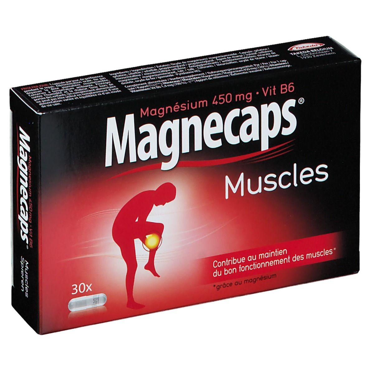Boîte noire "Magnecaps Muscles". Contient 30 gélules. Illustration rouge d'une personne avec douleur à la jambe.