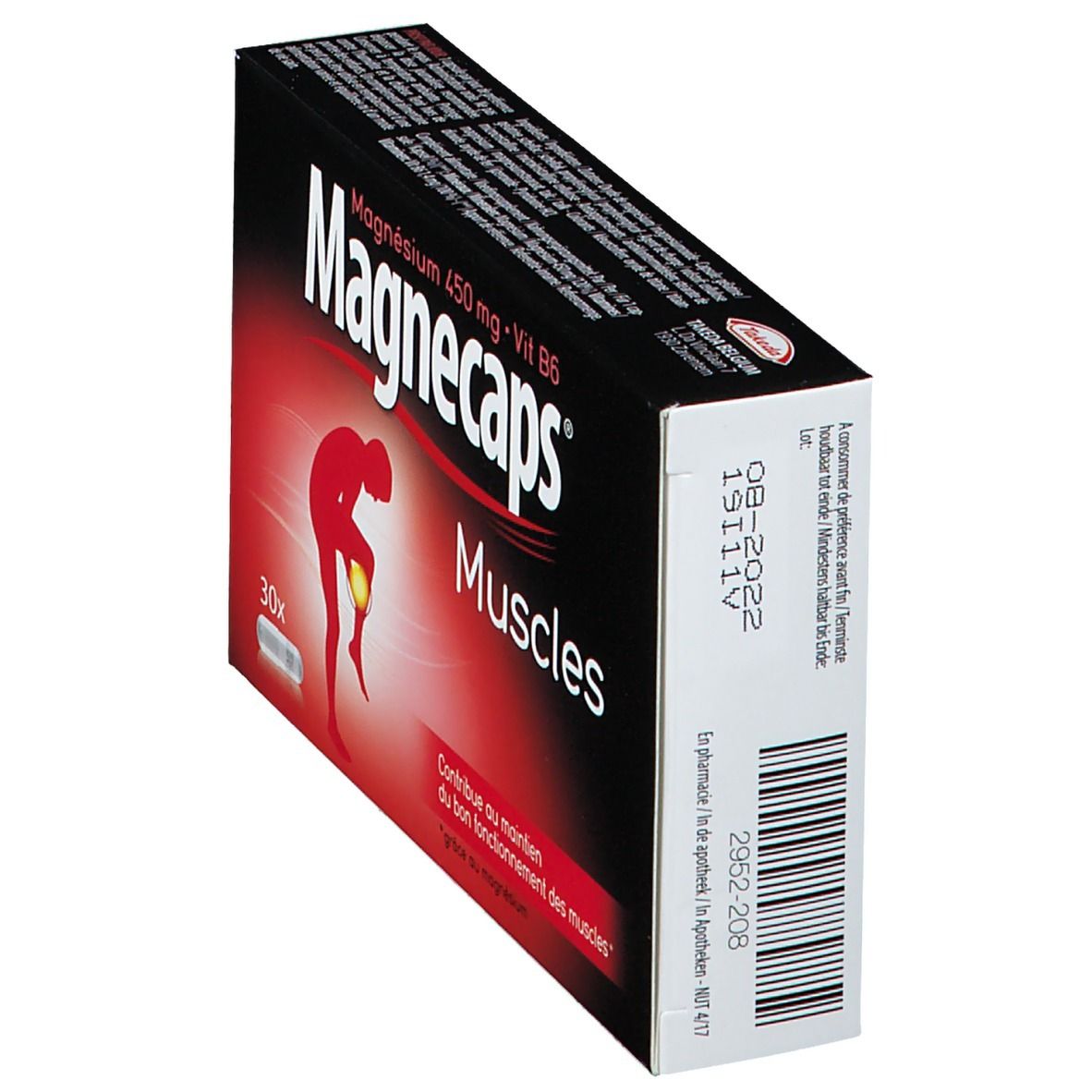 Boîte noire "Magnecaps Muscles". Contient 30 gélules. Illustration rouge d'une personne avec douleur à la jambe. Boîte en biais.