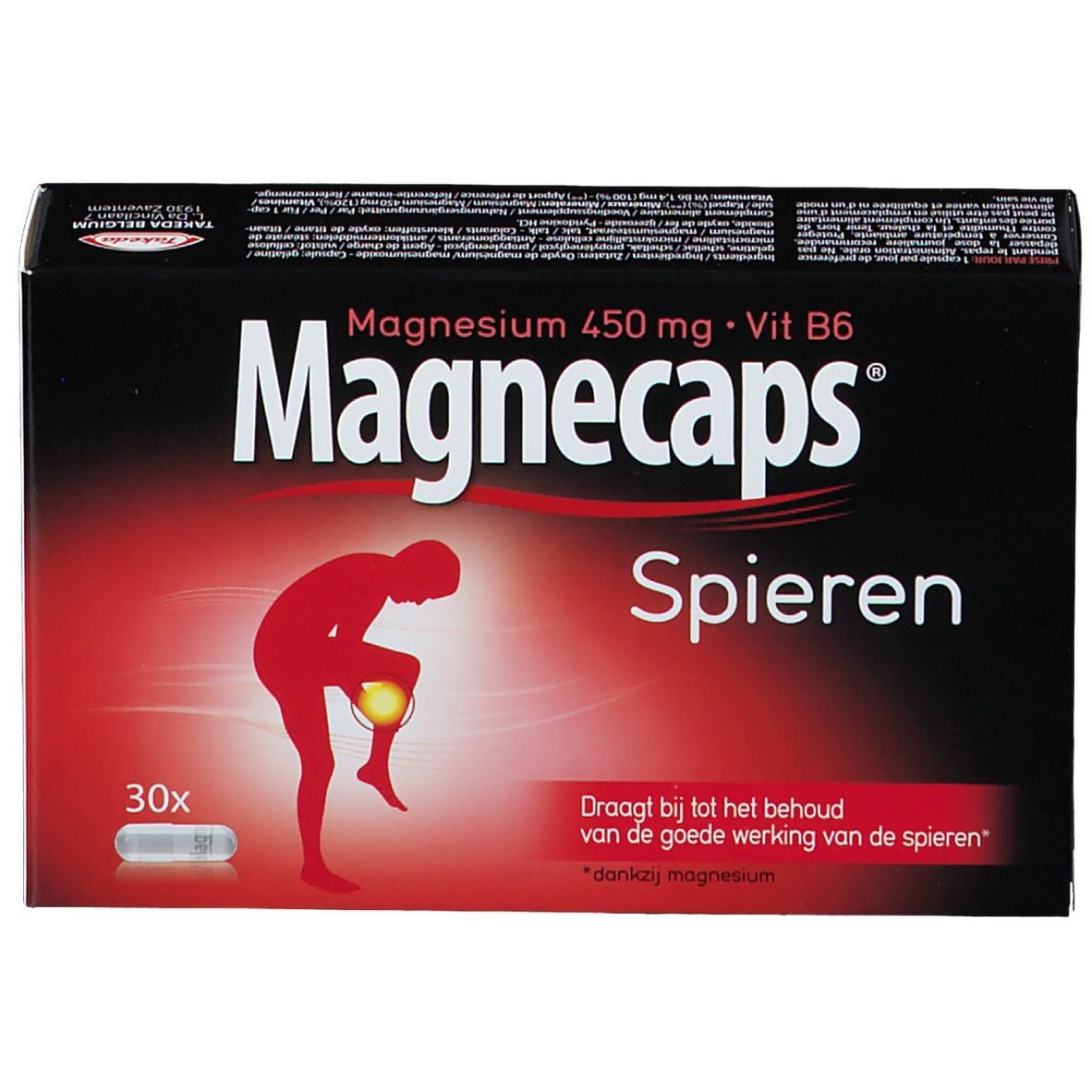 Boîte noire "Magnecaps Spieren". Contient 30 gélules. Illustration rouge d'une personne avec douleur à la jambe.