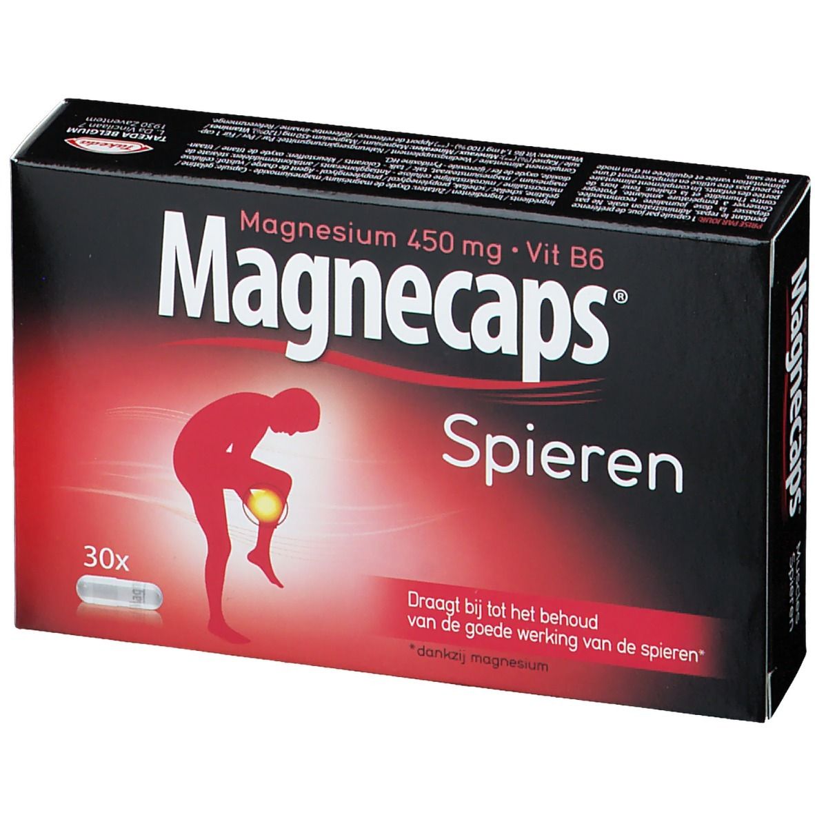 Boîte noire "Magnecaps Spieren". Contient 30 gélules. Illustration rouge d'une personne avec douleur à la jambe.